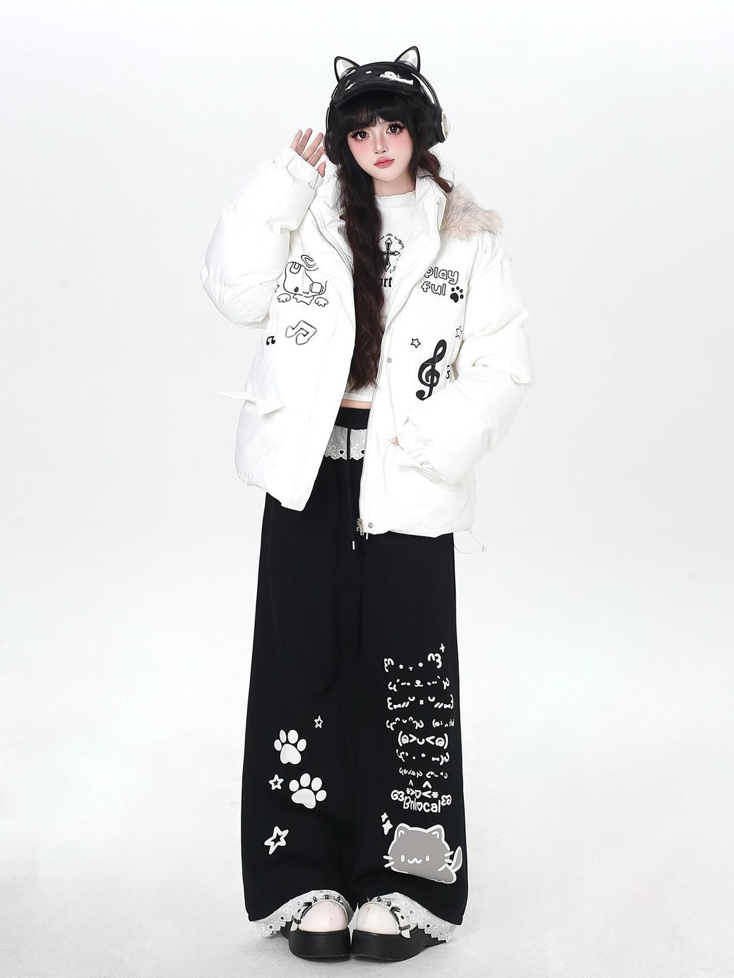 Crazy Girl Cartoon Cat Print Lace Trim High Waist Women&