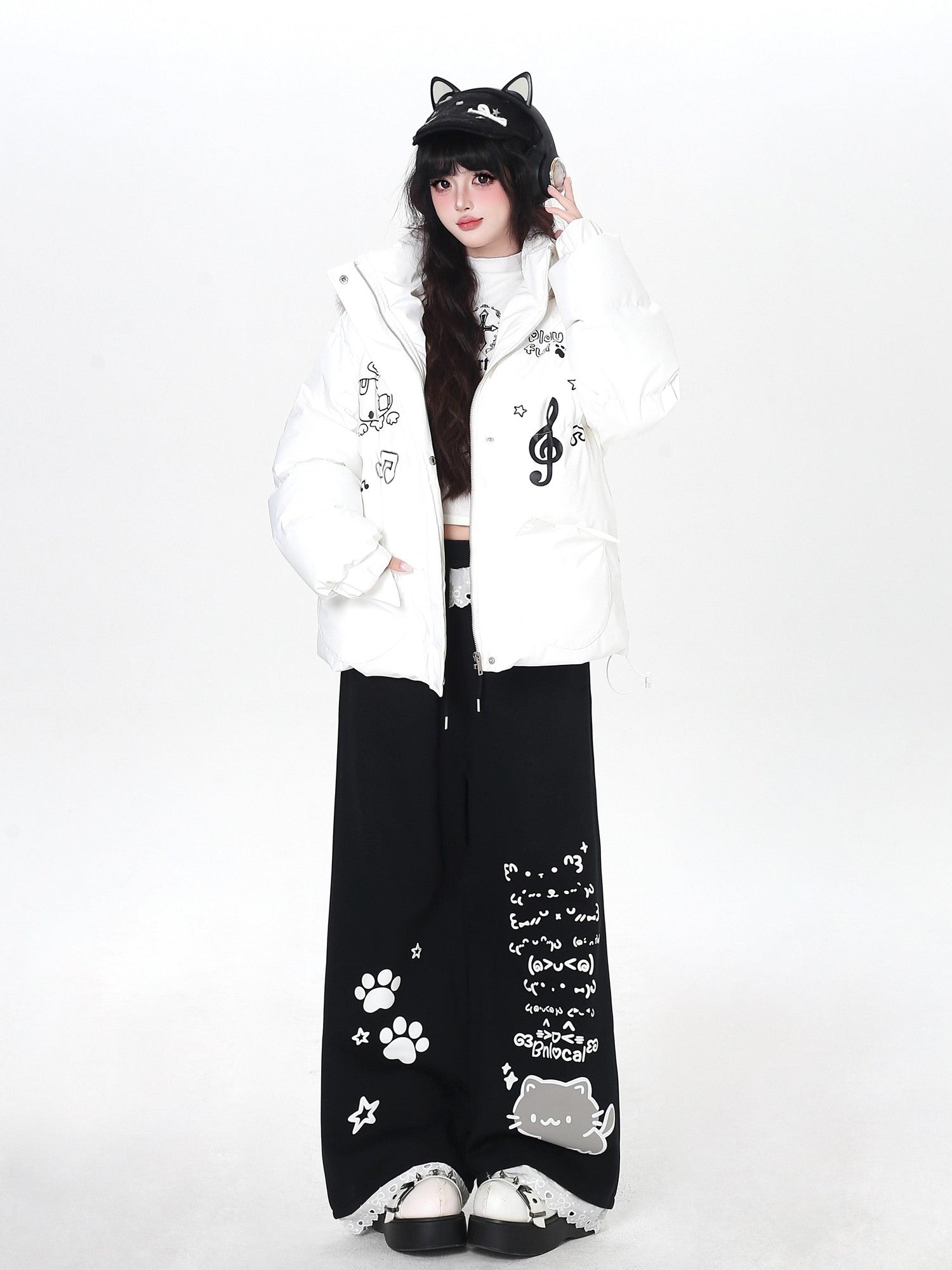 Crazy Girl Cartoon Cat Print Lace Trim High Waist Women&