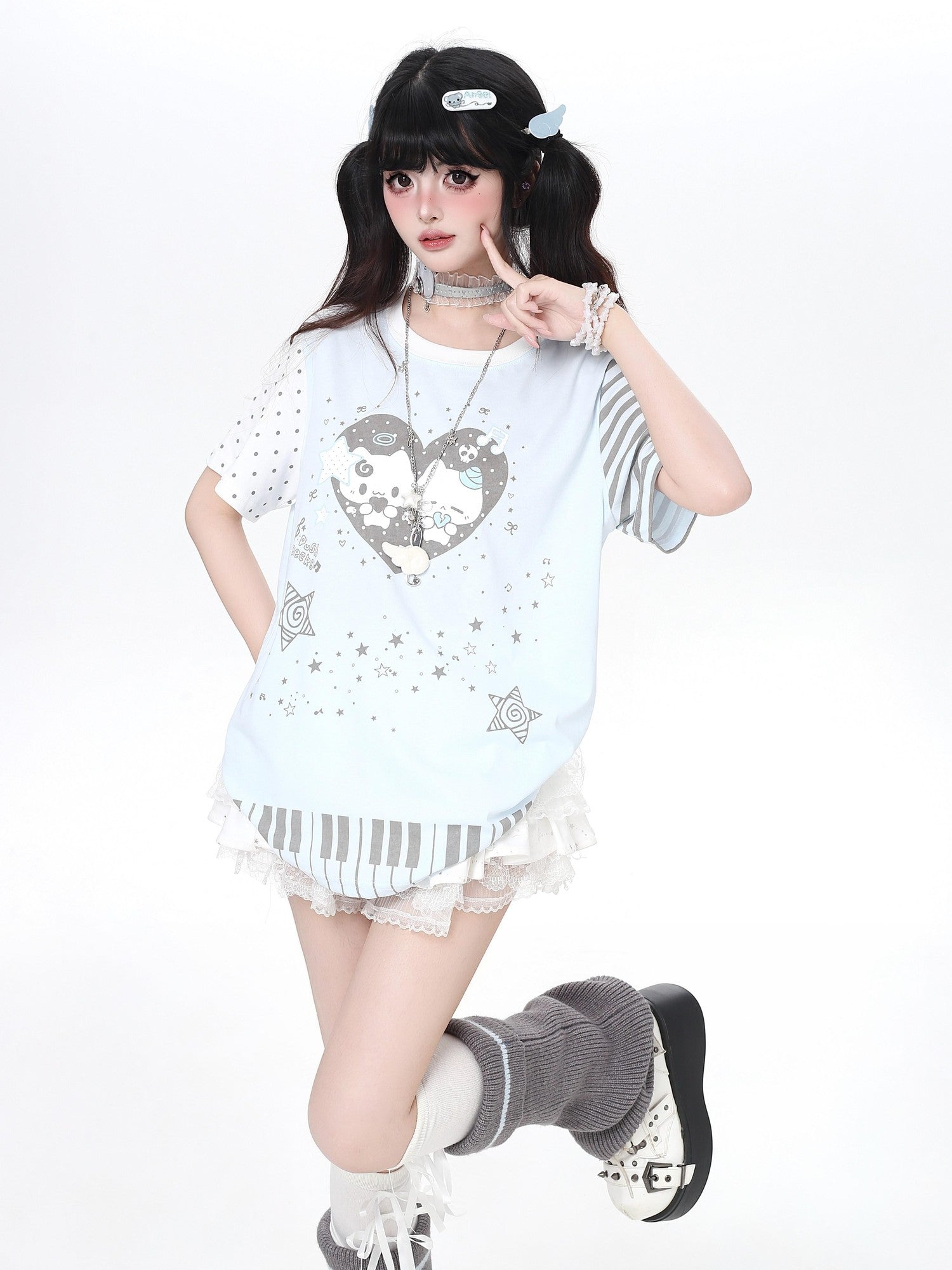 Crazy Girl Cartoon Striped Heart Print Round Neck Oversized Women&
