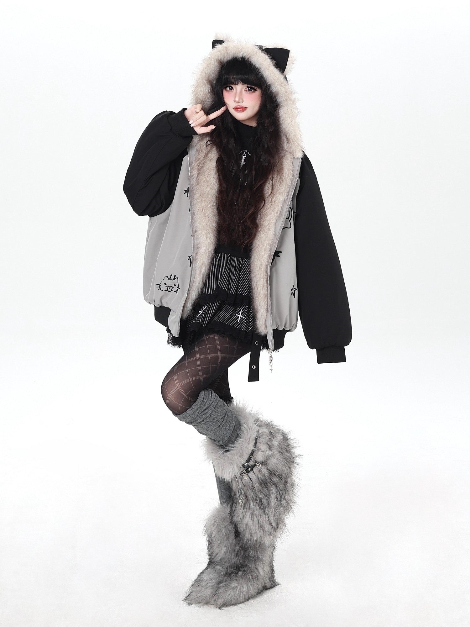 Crazy Girl Cat Ear Hood Cat Embroidery Women&
