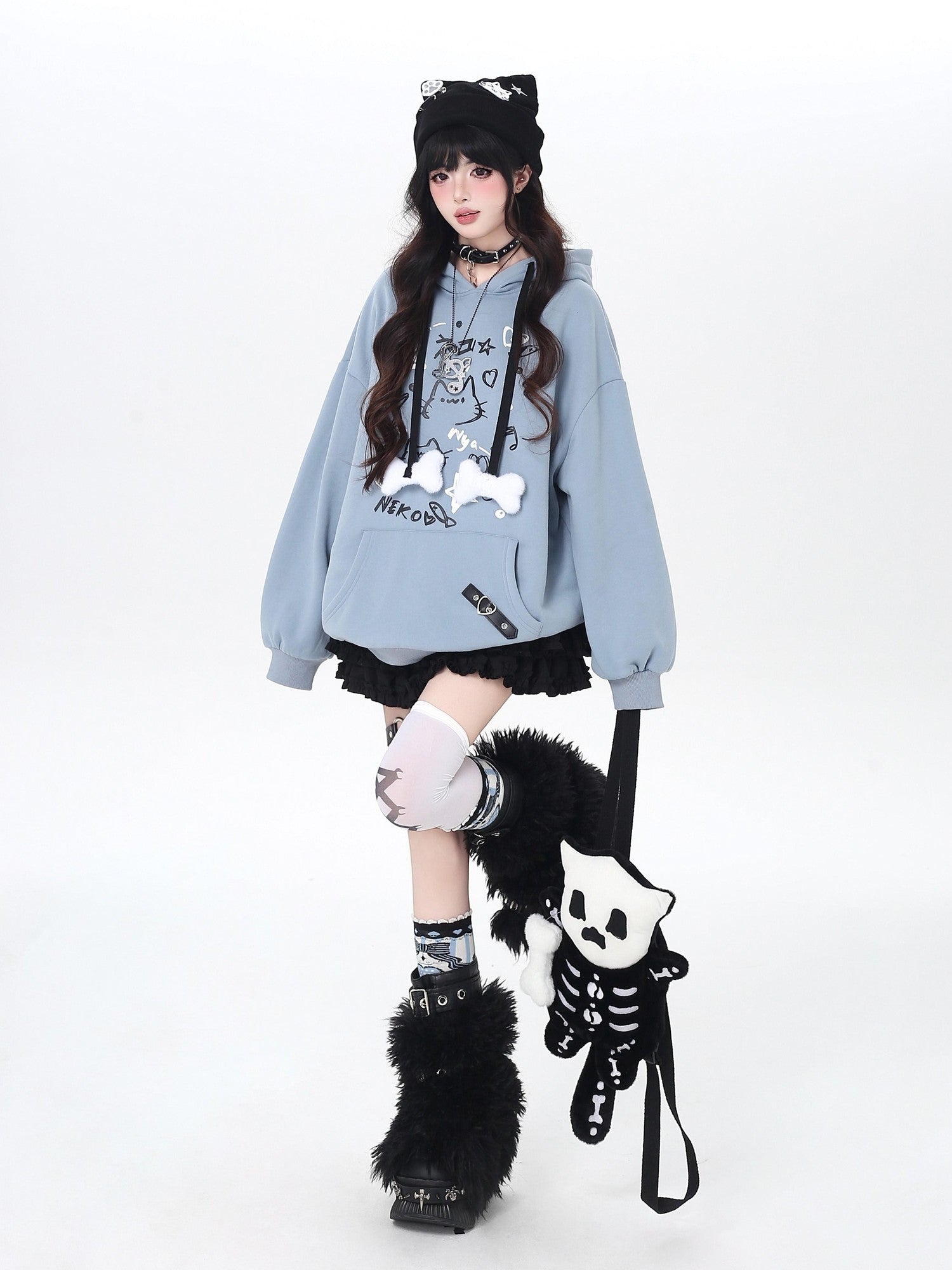 Crazy Girl Cat Graffiti Print Bone Drawstring Fleece Cropped Loose Women&