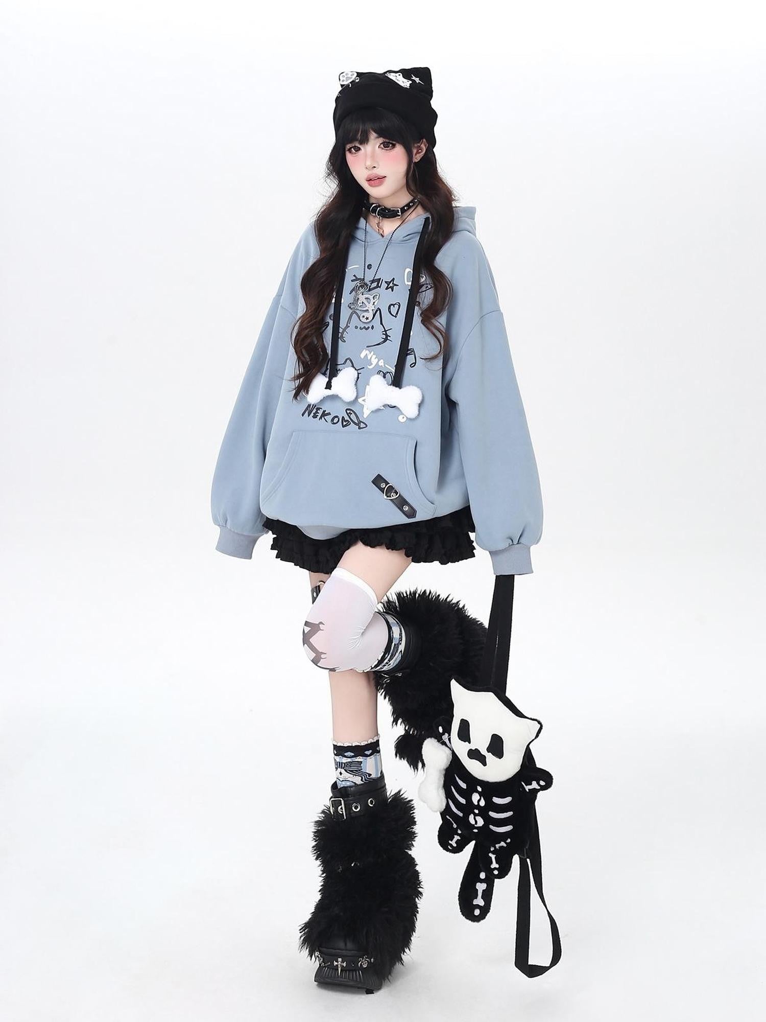 Crazy Girl Cat Graffiti Print Bone Drawstring Fleece Cropped Loose Women&