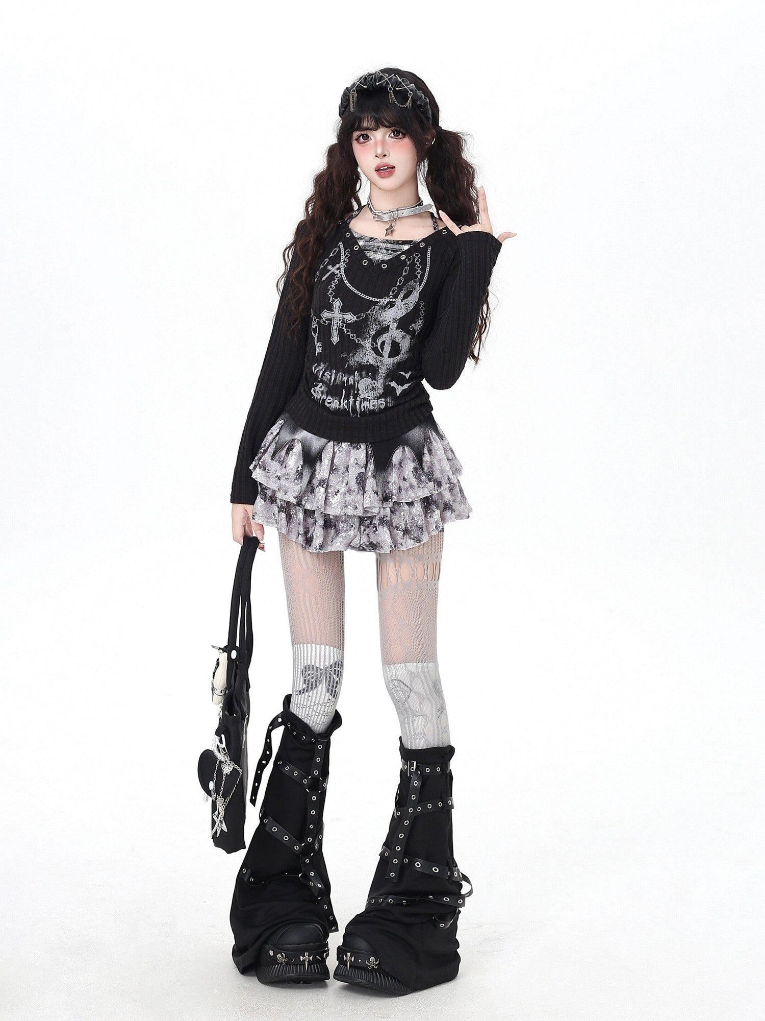 Crazy Girl Chain Print Striped Plaid Letter Faux Layered Halter Women&