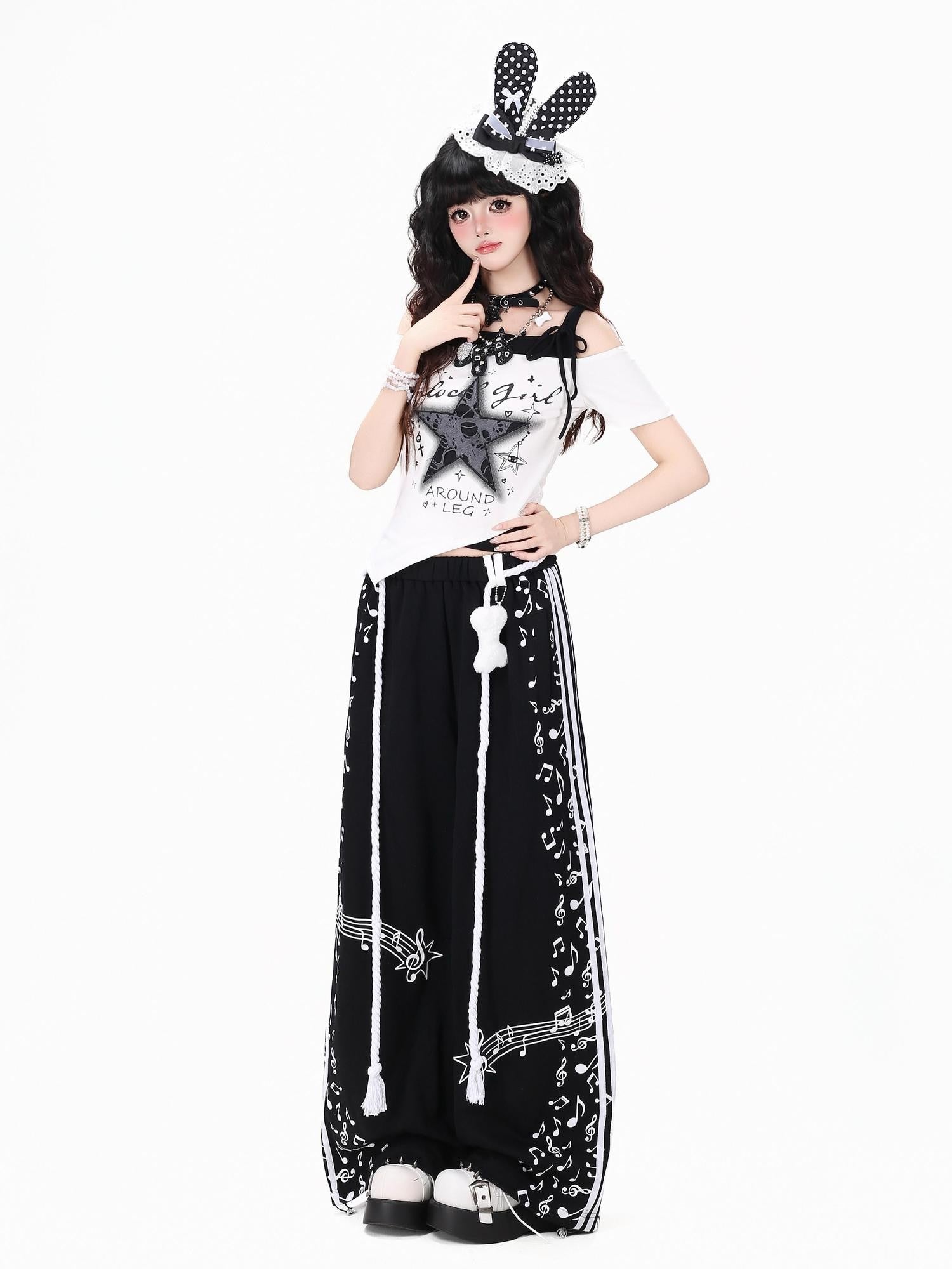 Crazy Girl Colorblock Musical Score Striped High Waist Women&