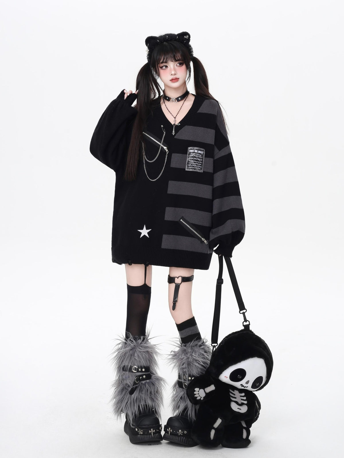 Crazy Girl Colorblock Striped V-neck Lantern Sleeves Women&