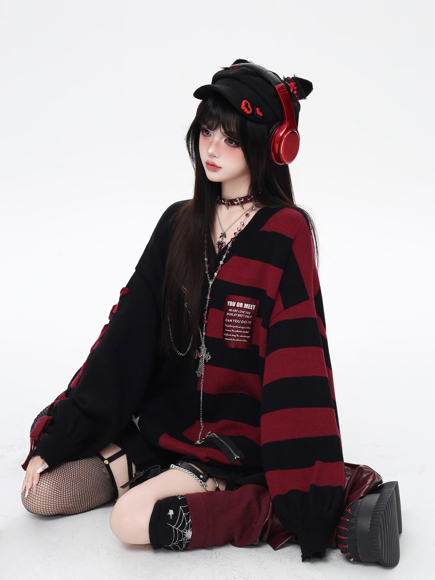 Crazy Girl Colorblock Striped V-neck Lantern Sleeves Women&