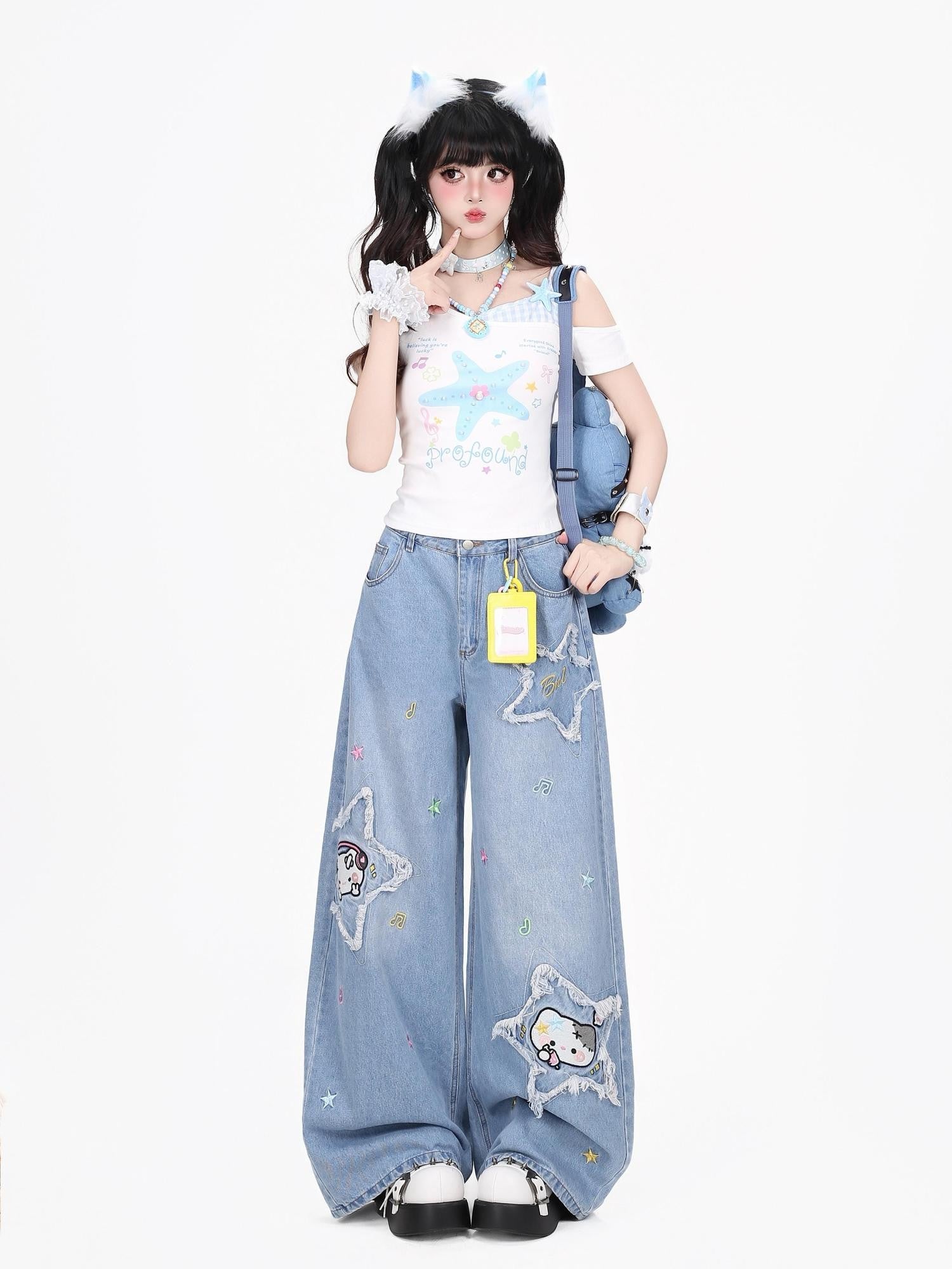 Crazy Girl Cute Cartoon Cat Star Machine Embroidered Frayed High Waist Women&