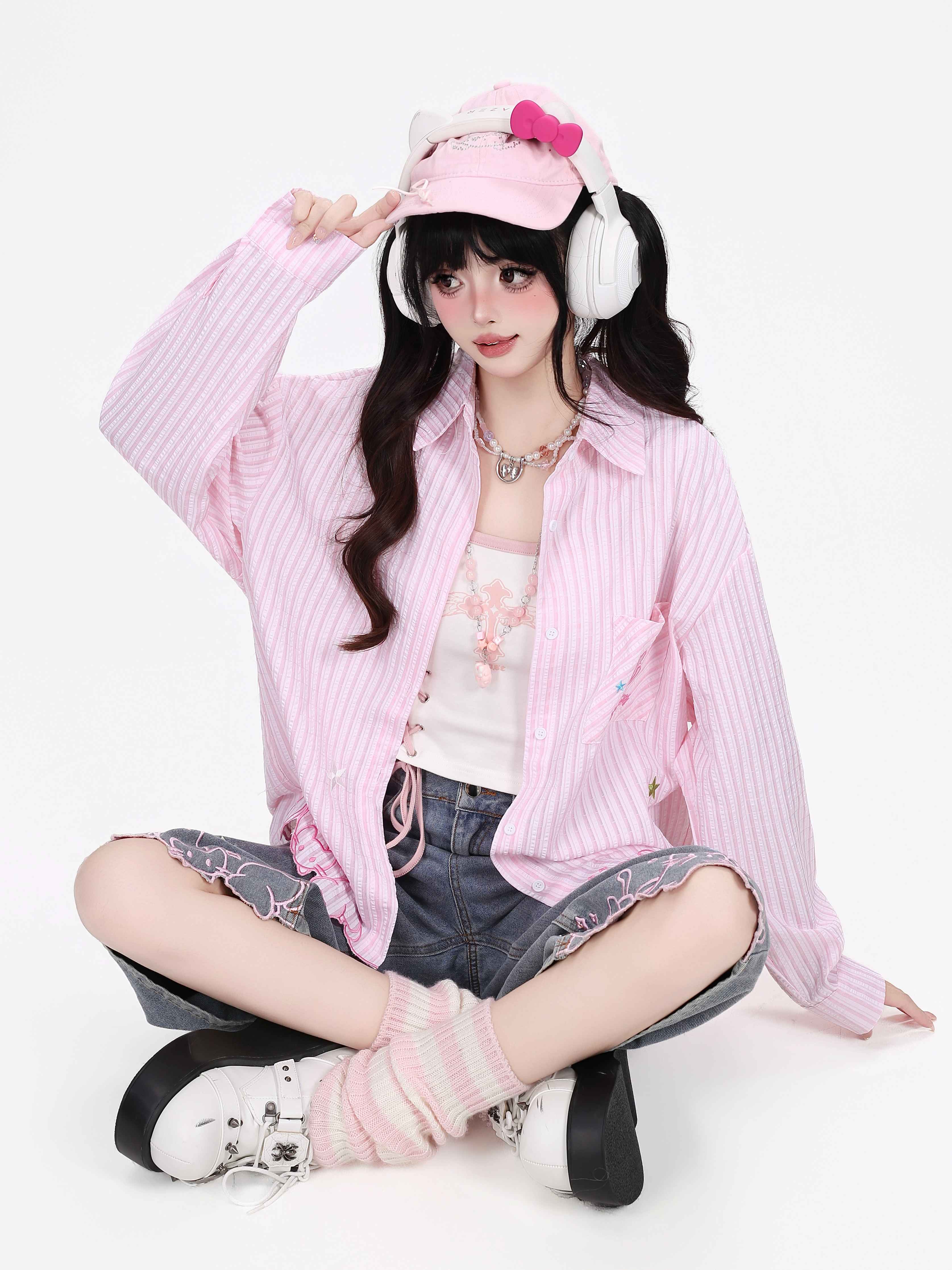 Crazy_Girl_Cute_Cat_Embroidery_Striped_Asymmetric_Hem_Women&