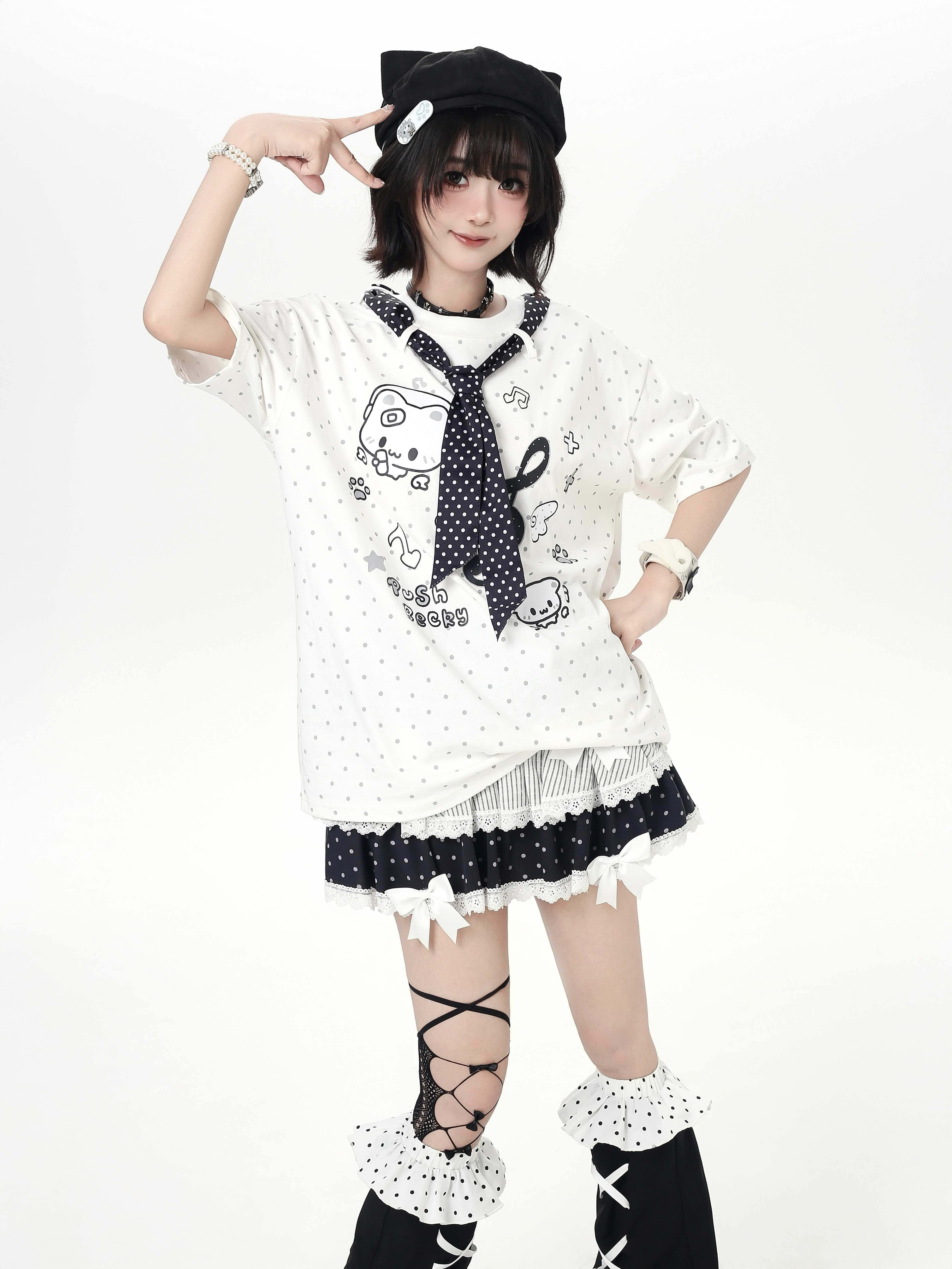 Crazy_Girl_Cute_Cat_Polka_Dot_Tie_Round_Neck_Loose_Fit_Women&