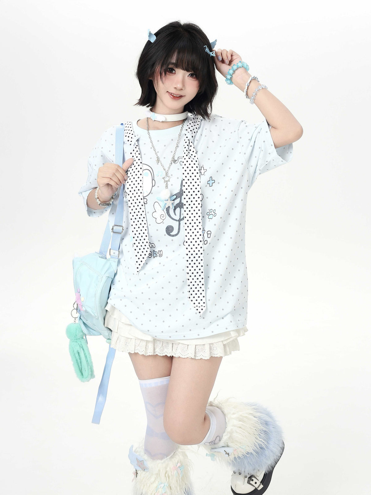 Crazy_Girl_Cute_Cat_Polka_Dot_Tie_Round_Neck_Loose_Fit_Women&