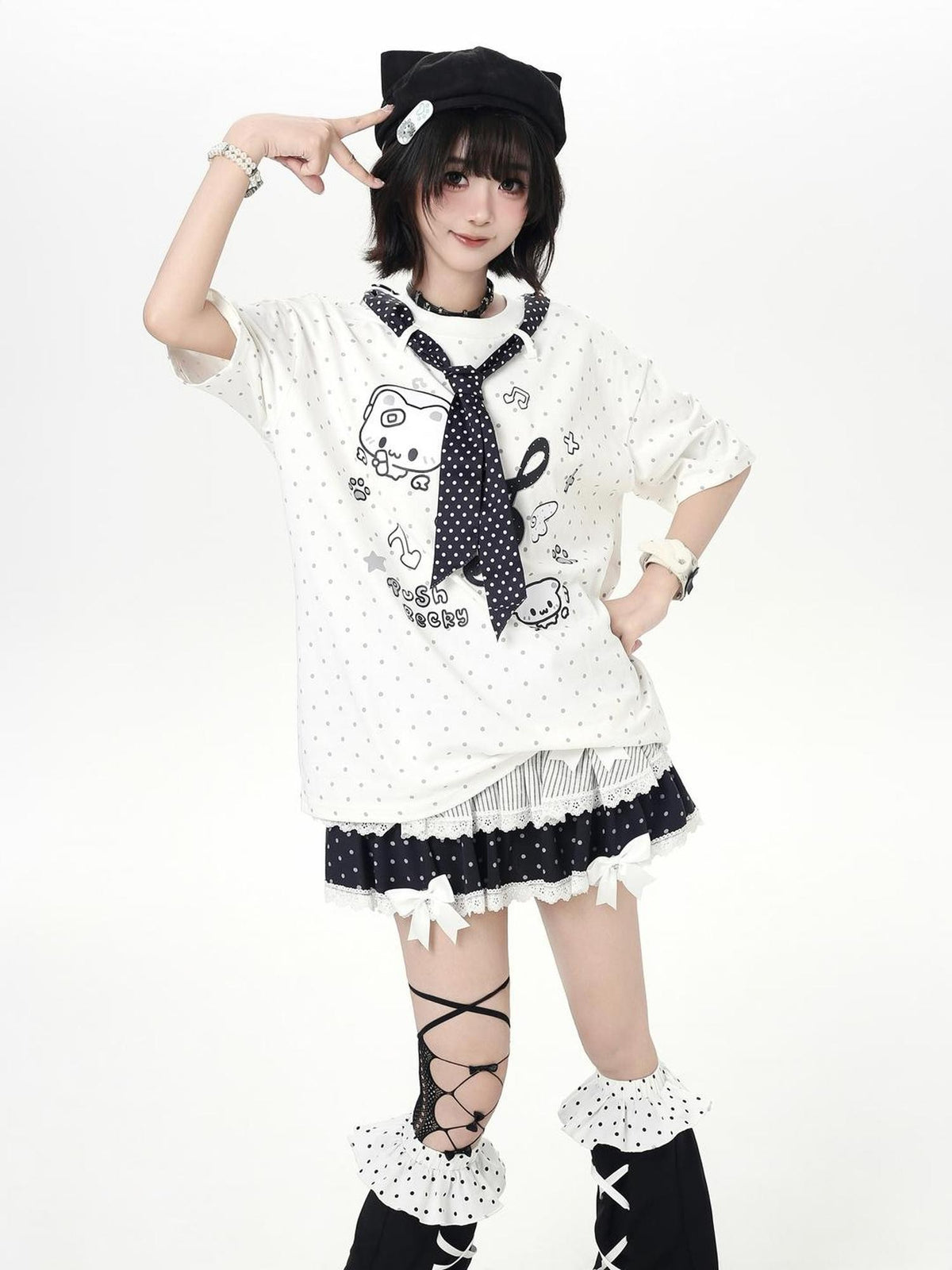 Crazy Girl Cute Cat Polka Dot Tie Round Neck Loose Fit Women&
