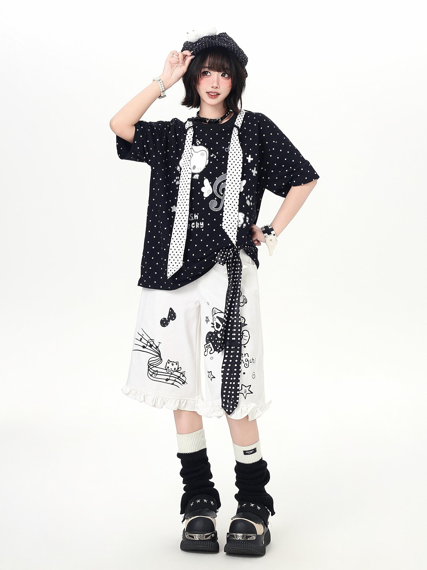 Crazy Girl Cute Cat Polka Dot Tie Round Neck Loose Fit Women&