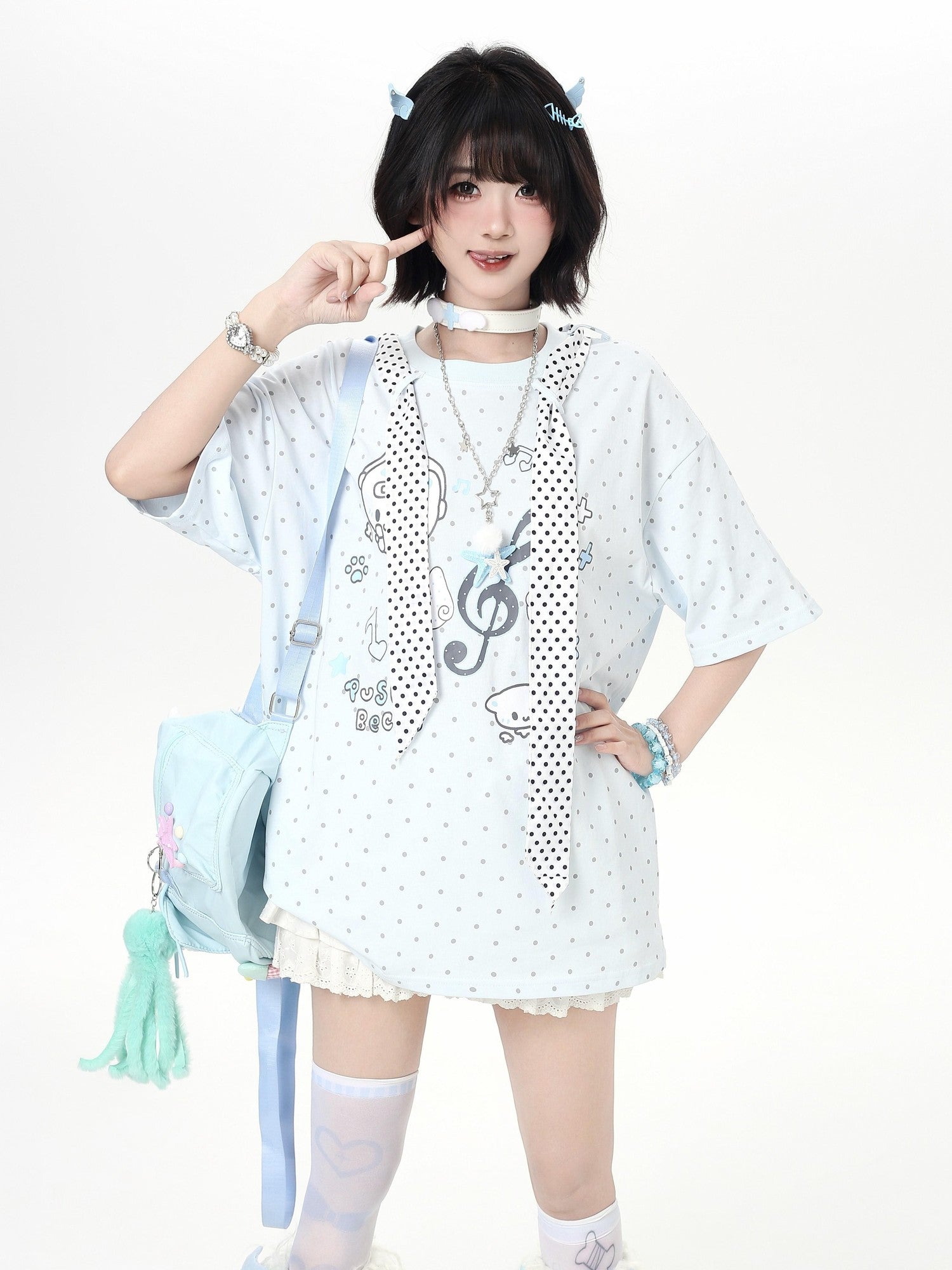 Crazy Girl Cute Cat Polka Dot Tie Round Neck Loose Fit Women&