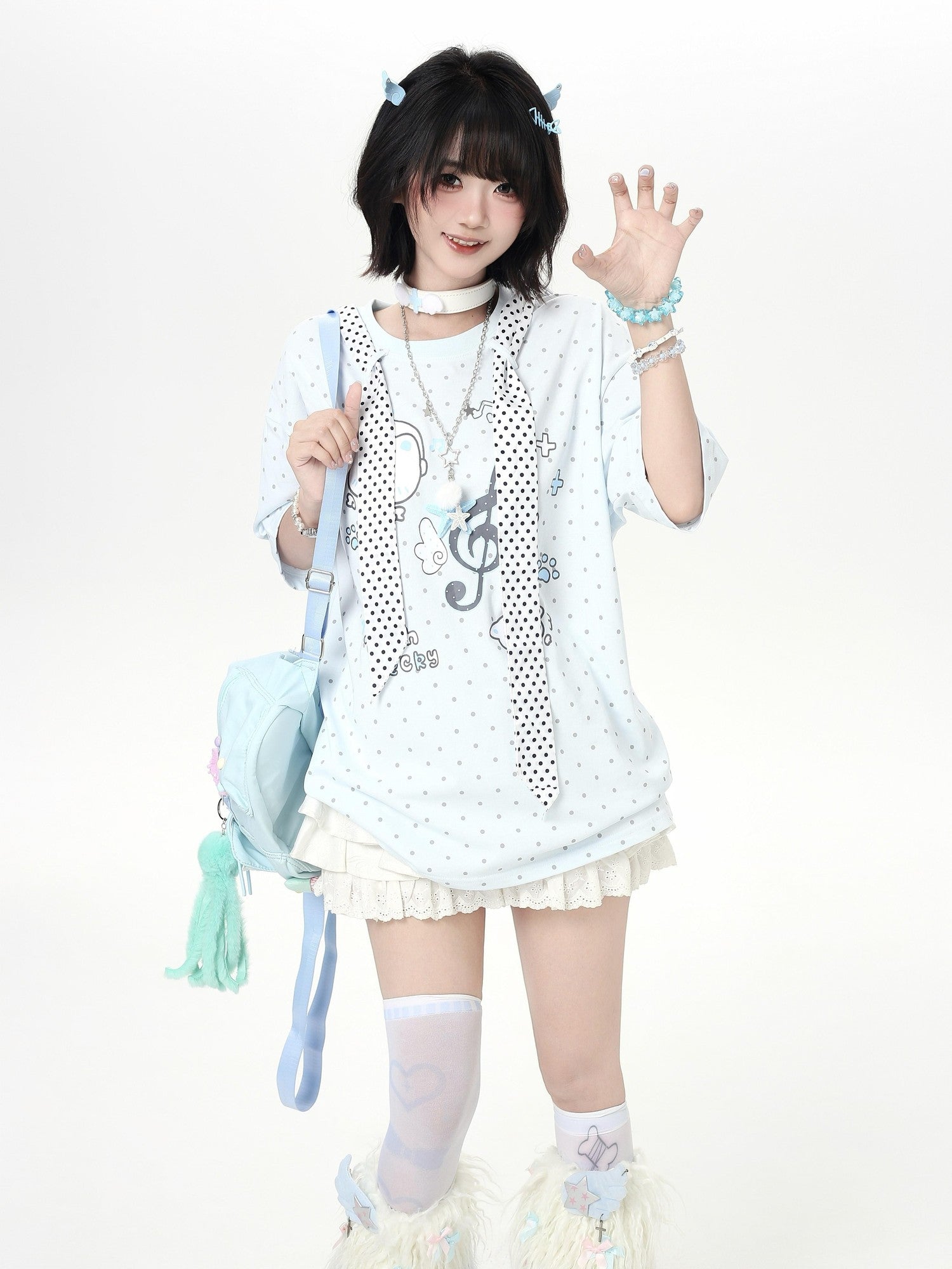 Crazy Girl Cute Cat Polka Dot Tie Round Neck Loose Fit Women&