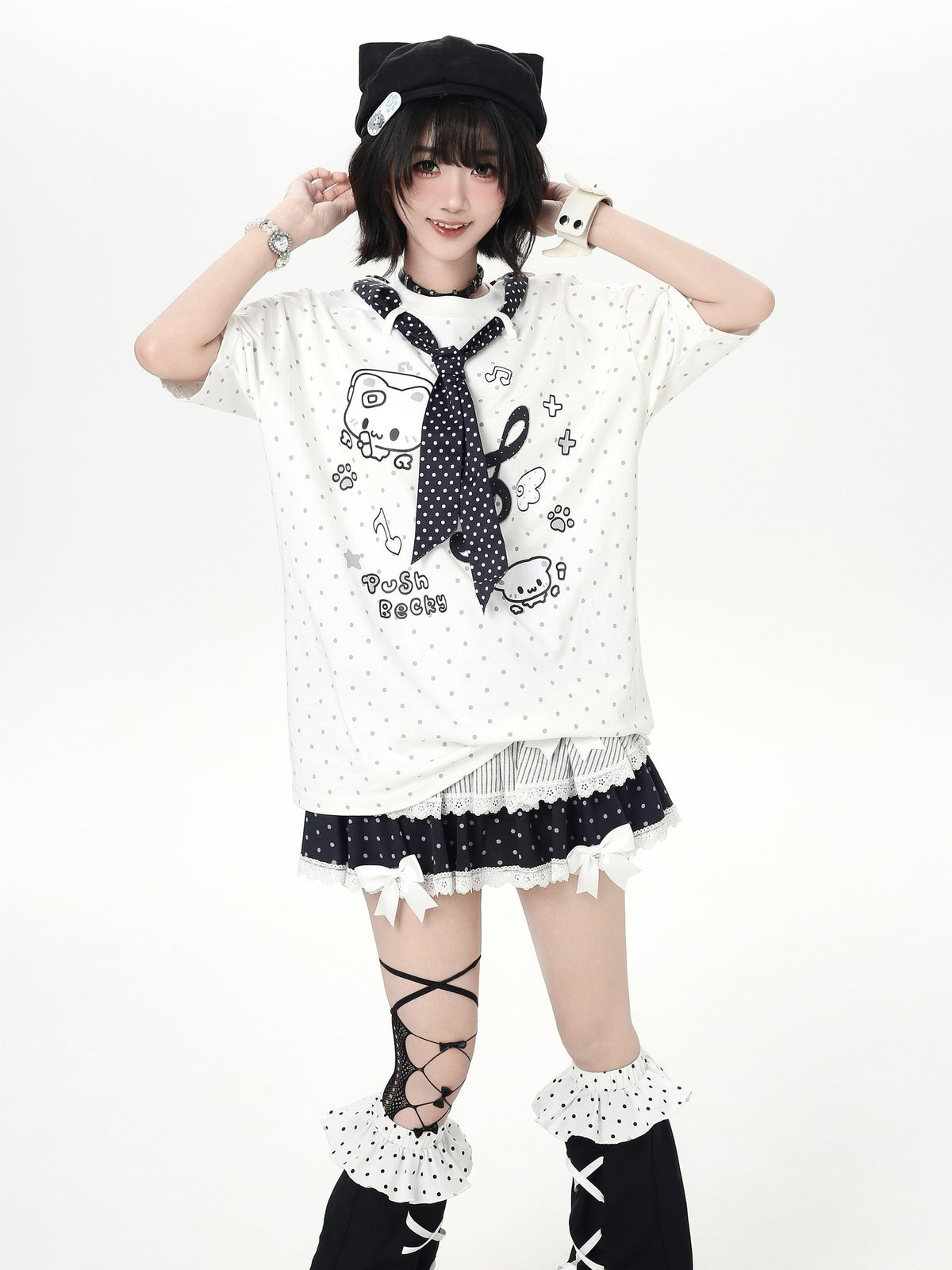 Crazy Girl Cute Cat Polka Dot Tie Round Neck Loose Fit Women&