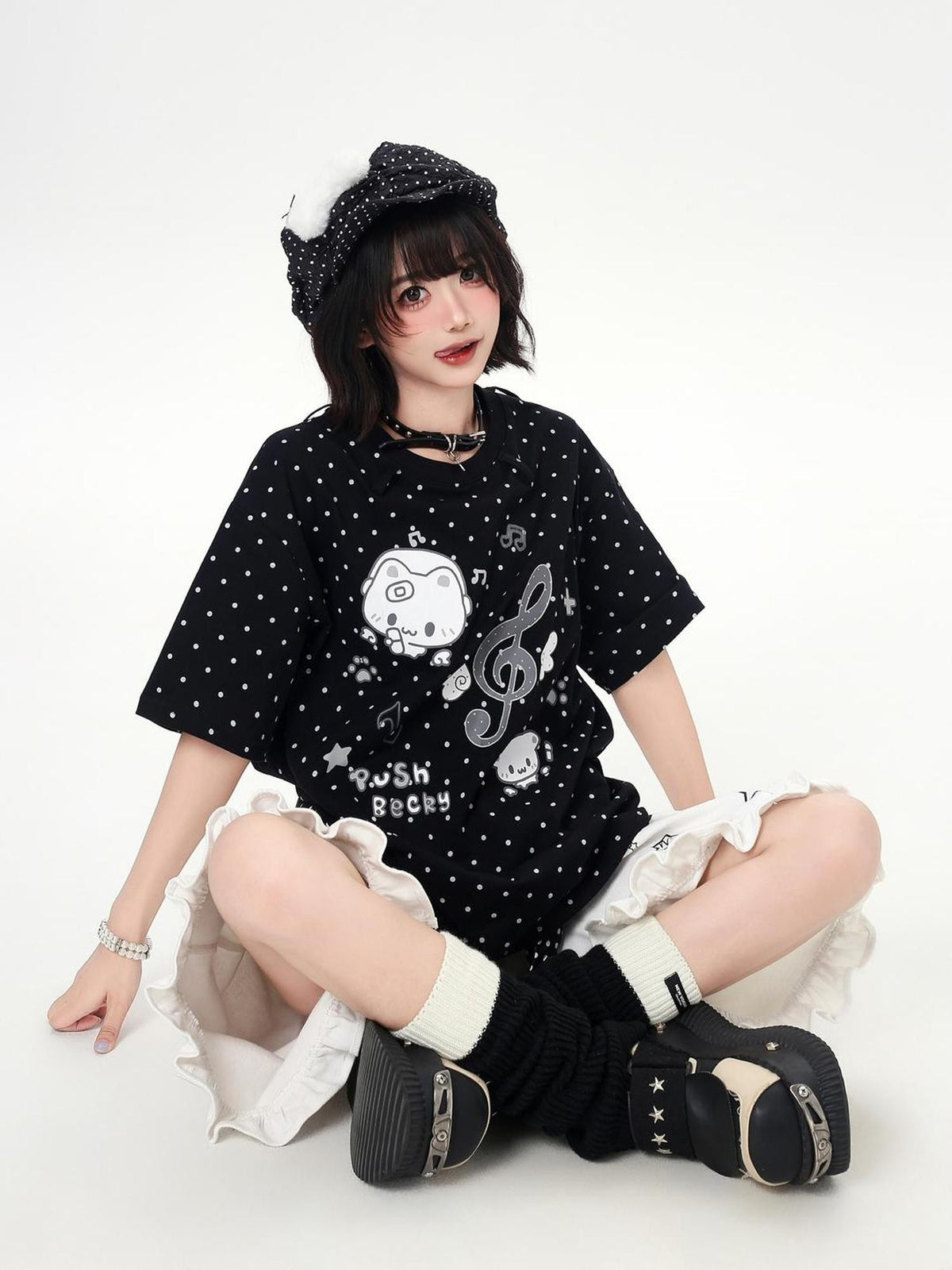 Crazy Girl Cute Cat Polka Dot Tie Round Neck Loose Fit Women&