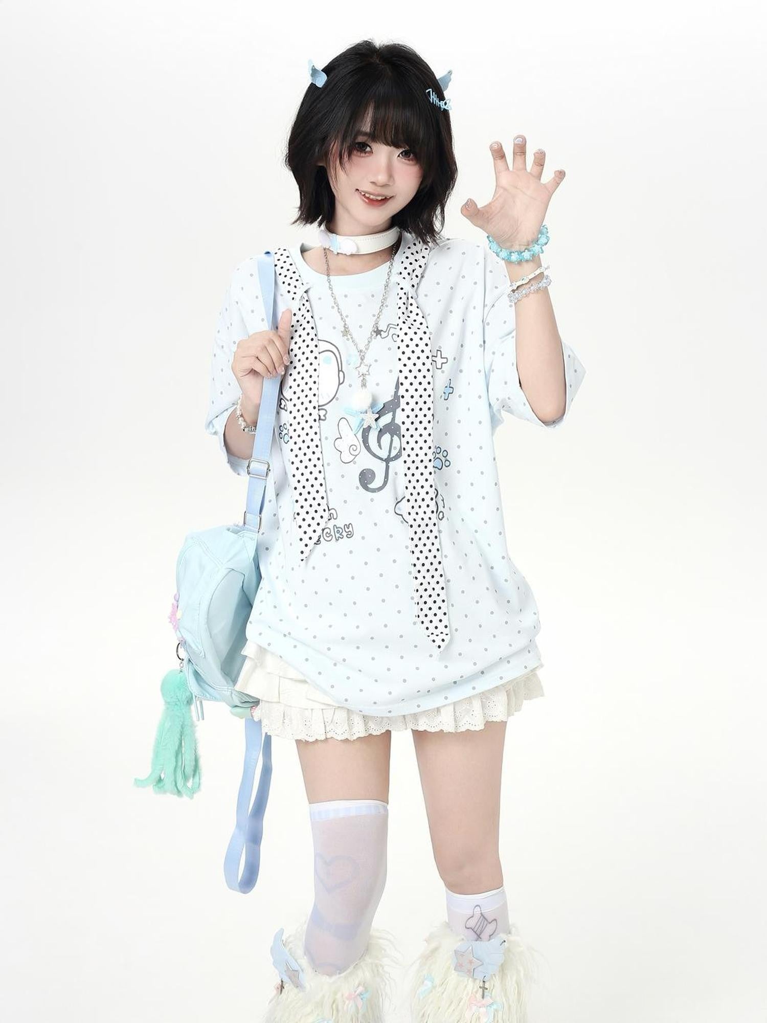 Crazy Girl Cute Cat Polka Dot Tie Round Neck Loose Fit Women&