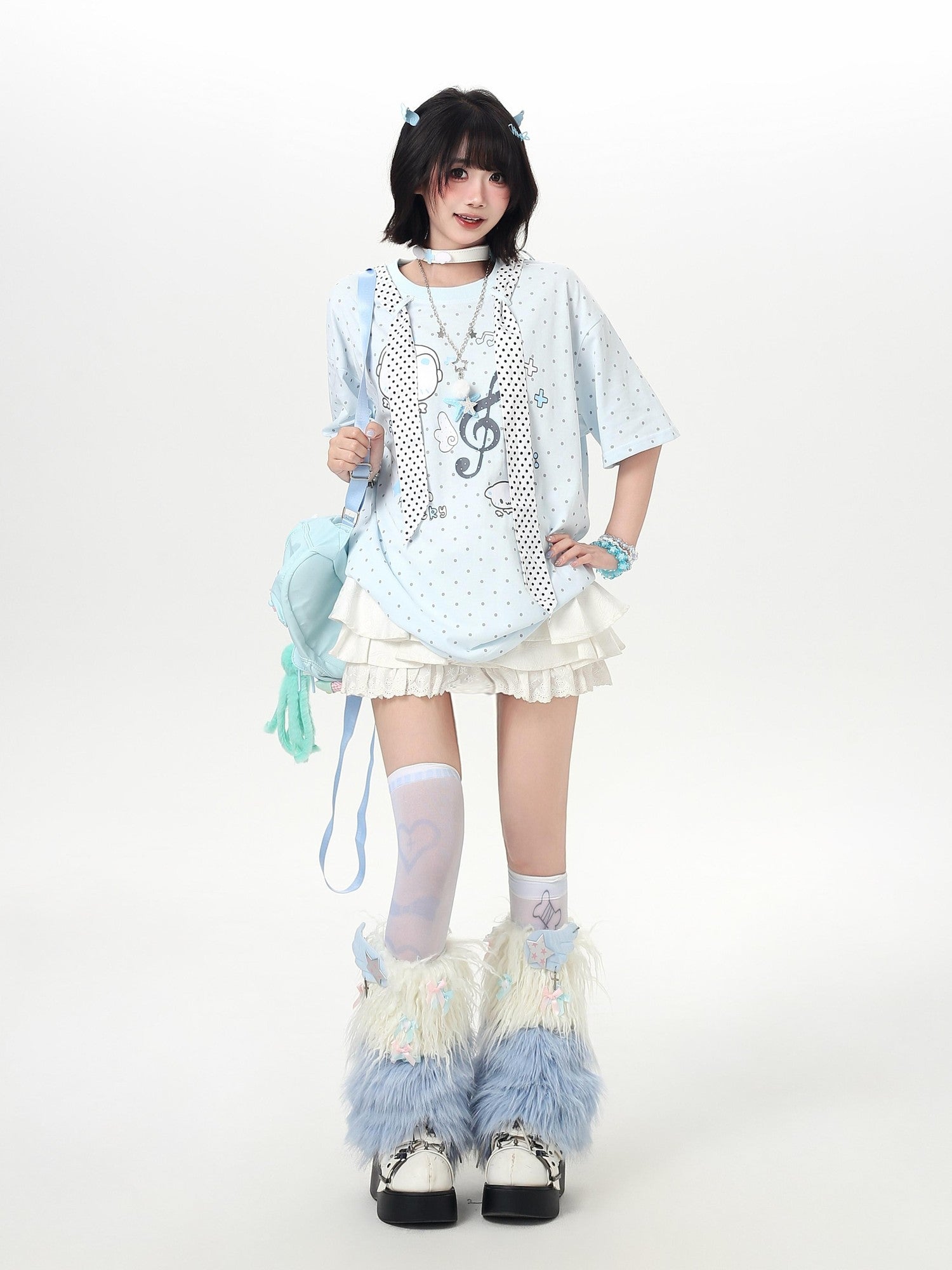 Crazy Girl Cute Cat Polka Dot Tie Round Neck Loose Fit Women&