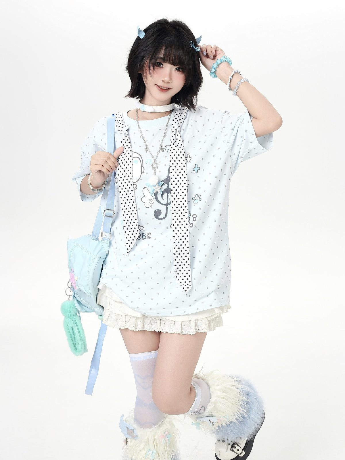 Crazy Girl Cute Cat Polka Dot Tie Round Neck Loose Fit Women&
