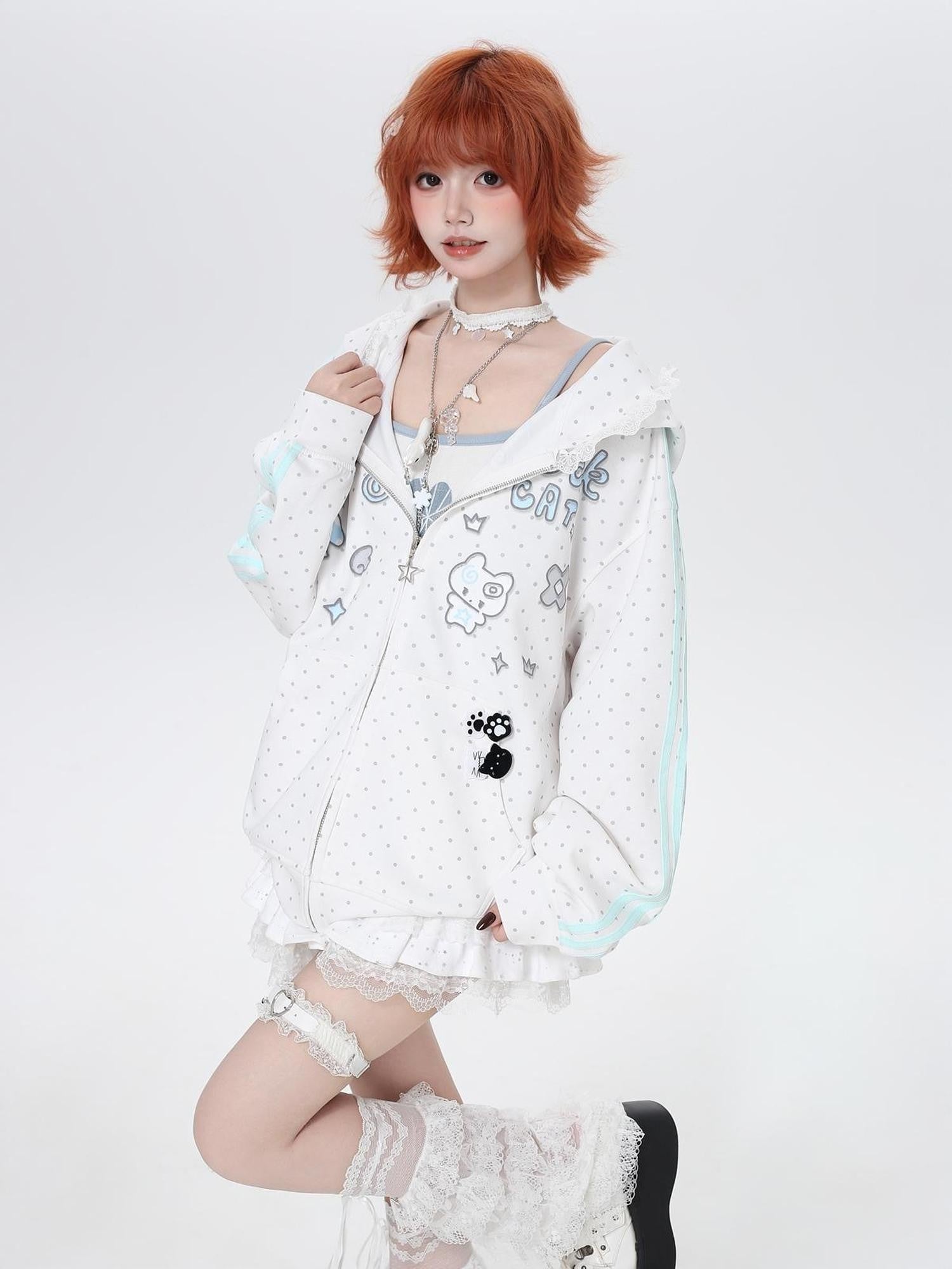 Crazy Girl Cute Polka Dot Stripe Hooded Loose Zip Front Women&