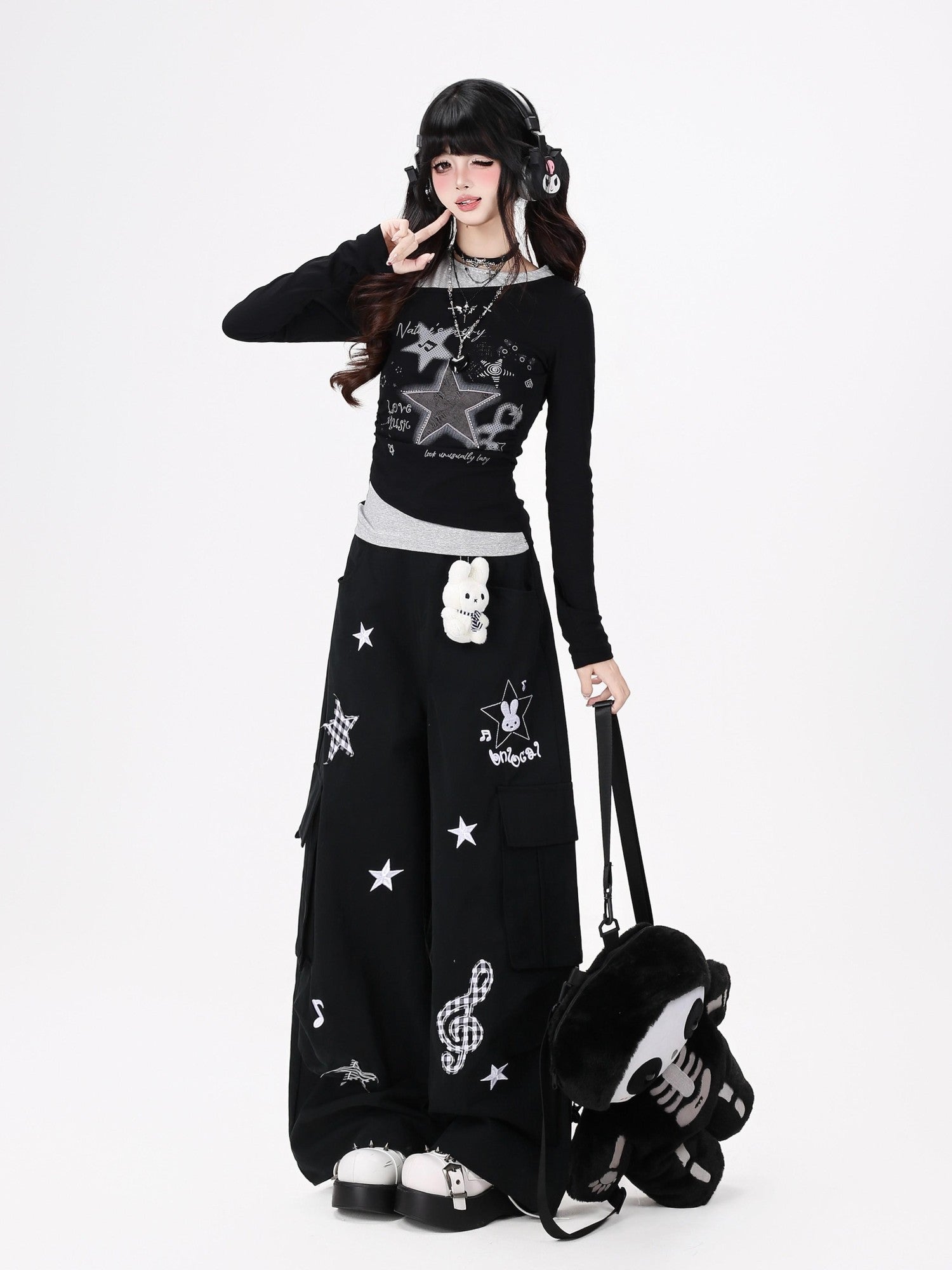 Crazy Girl Cute Rabbit Charm High Waist Music Note Embroidery Star Women&