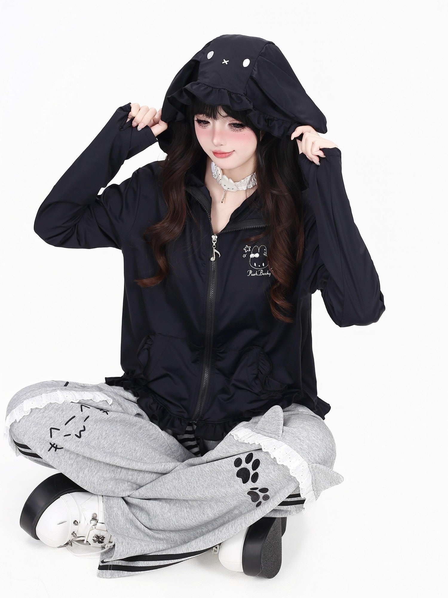 Crazy Girl Cute Rabbit Ear Hood Ruffle Zip Loose Women&