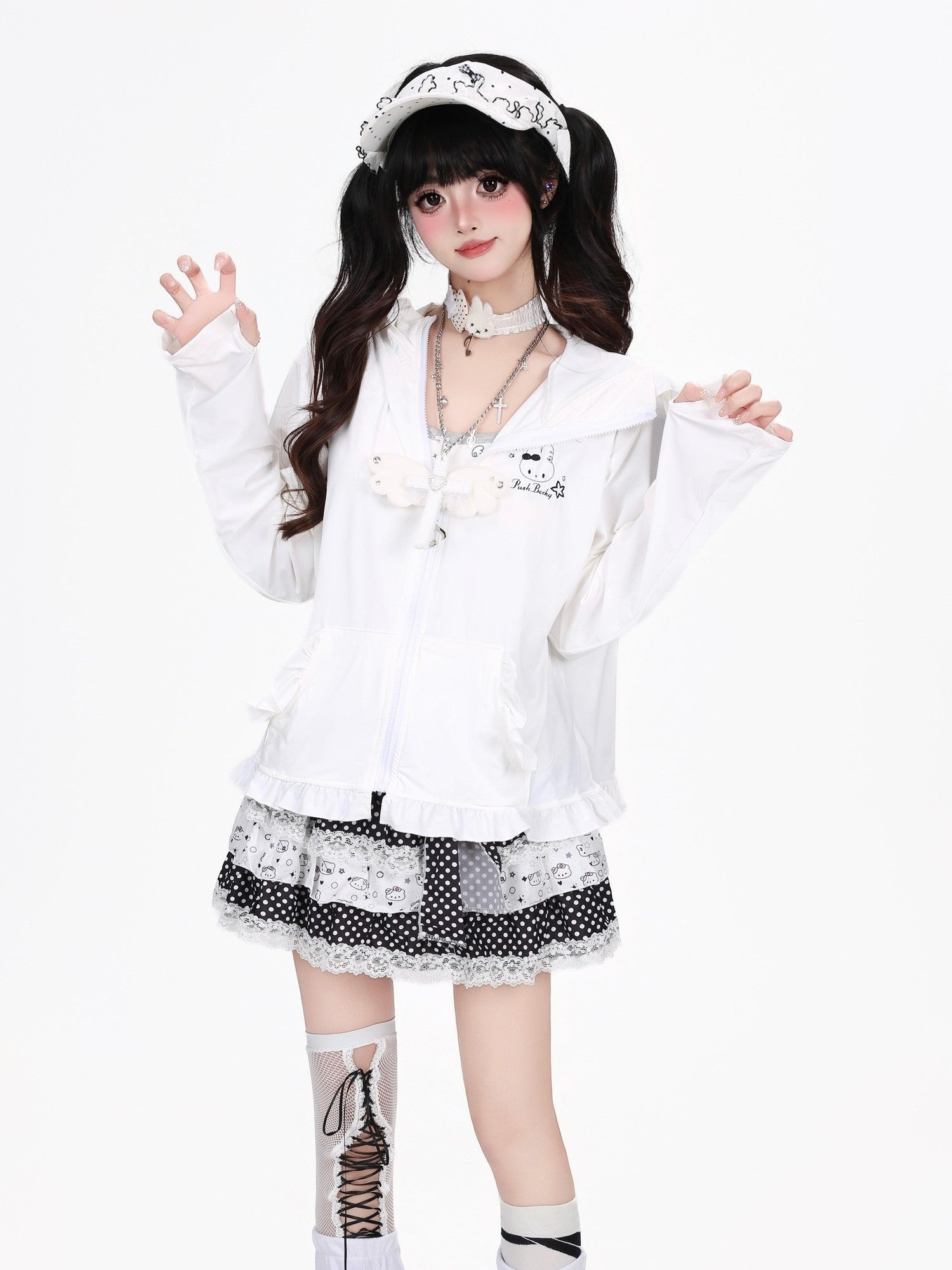 Crazy Girl Cute Rabbit Ear Hood Ruffle Zip Loose Women&