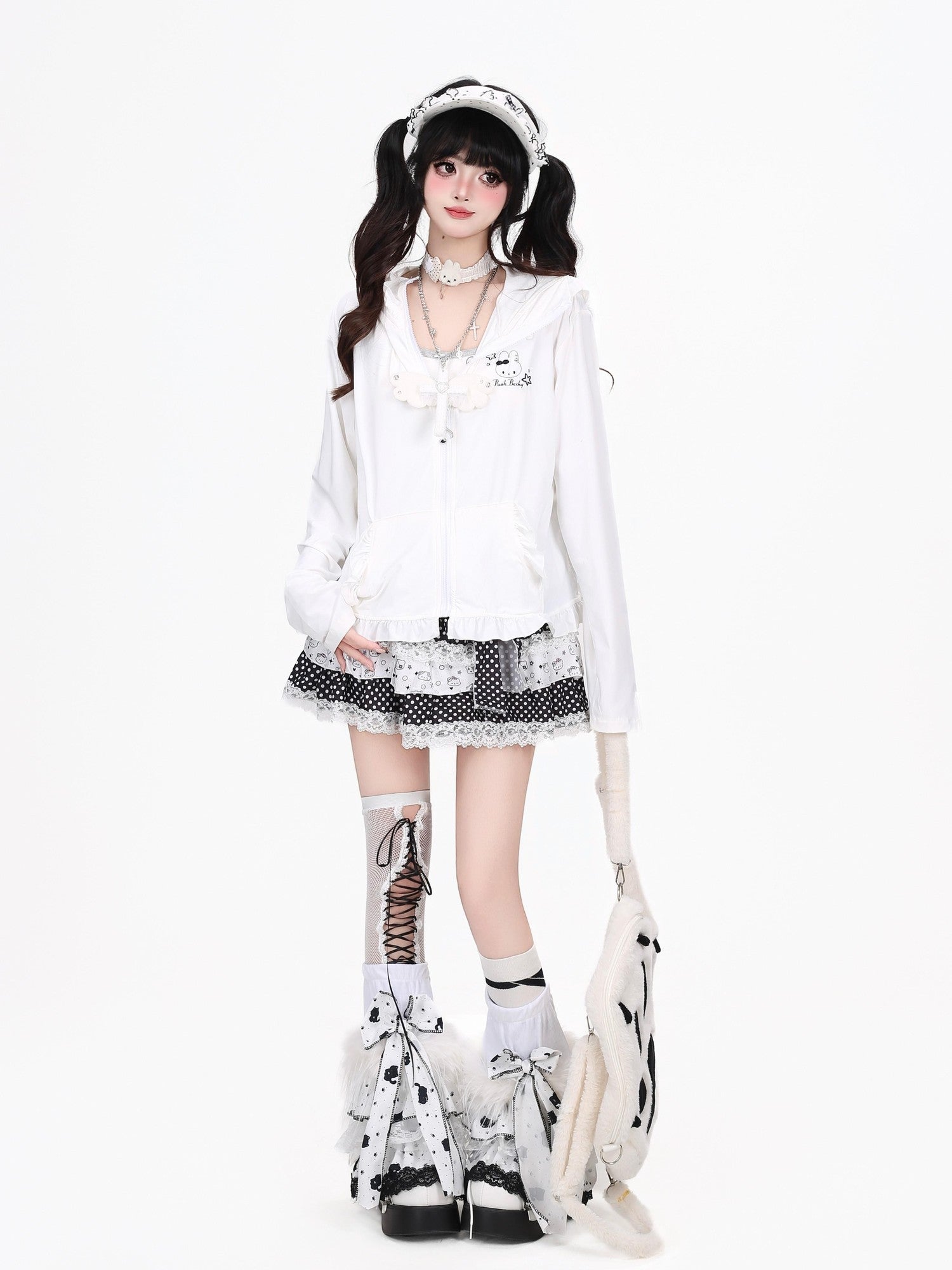 Crazy Girl Cute Rabbit Ear Hood Ruffle Zip Loose Women&