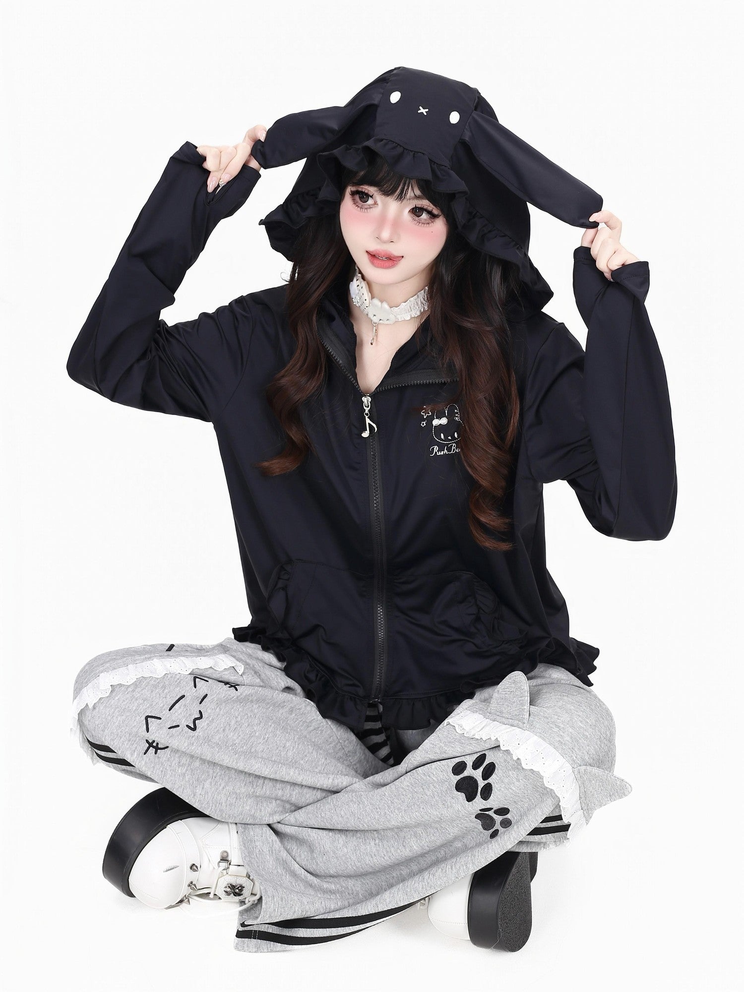 Crazy Girl Cute Rabbit Ear Hood Ruffle Zip Loose Women&