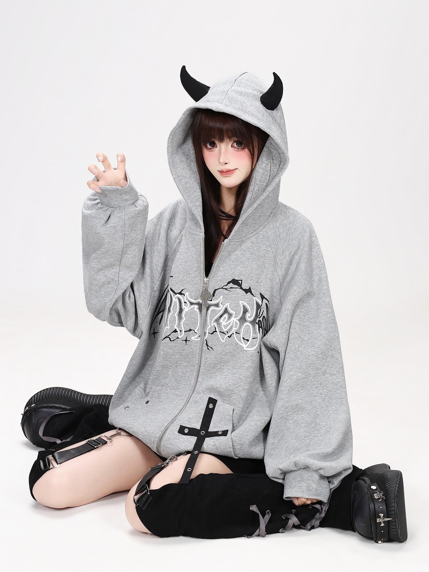 Crazy Girl Dark Demon Horn Gothic Webbing Hooded Loose Women&