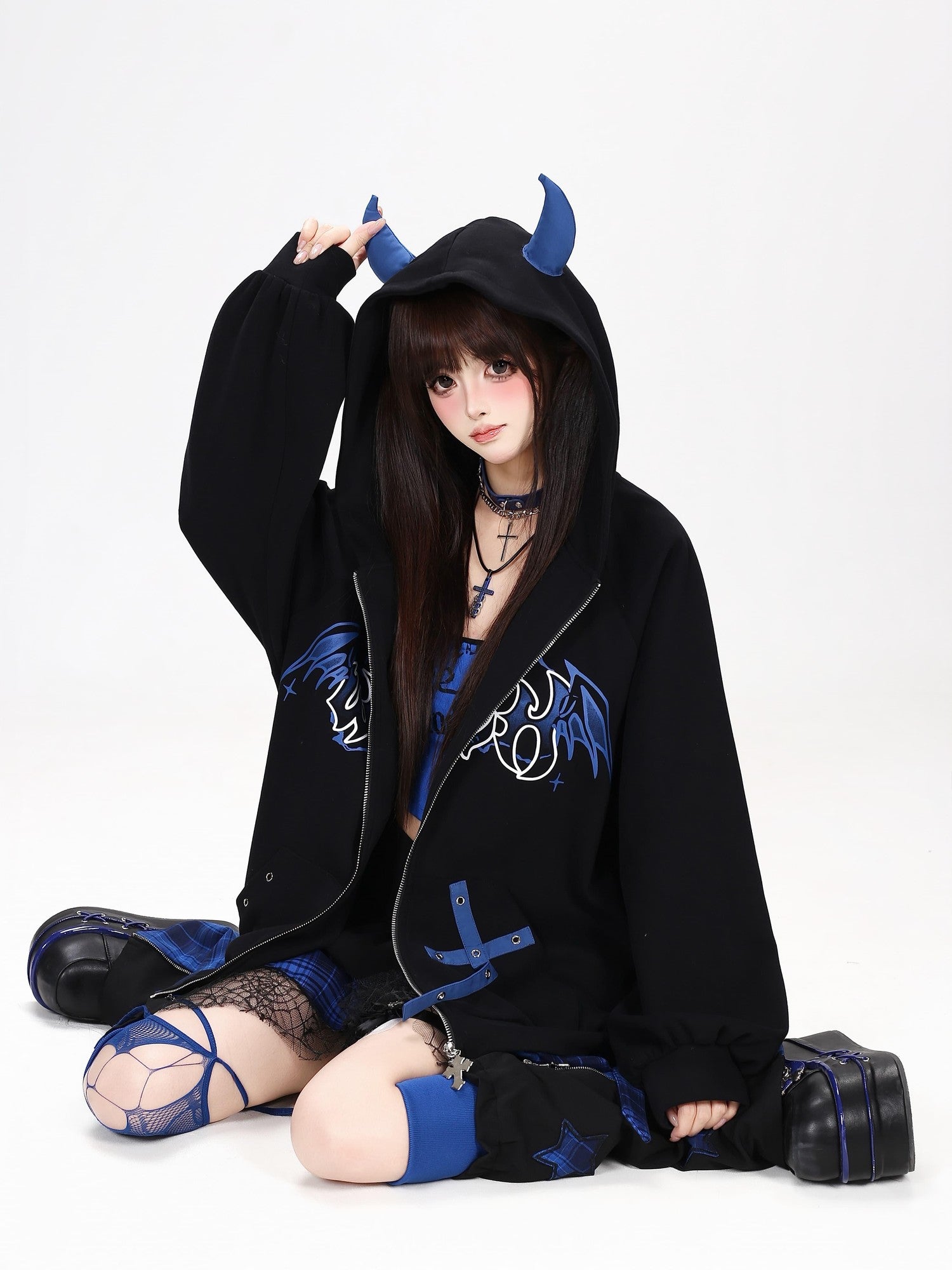 Crazy Girl Dark Demon Horn Gothic Webbing Hooded Loose Women&