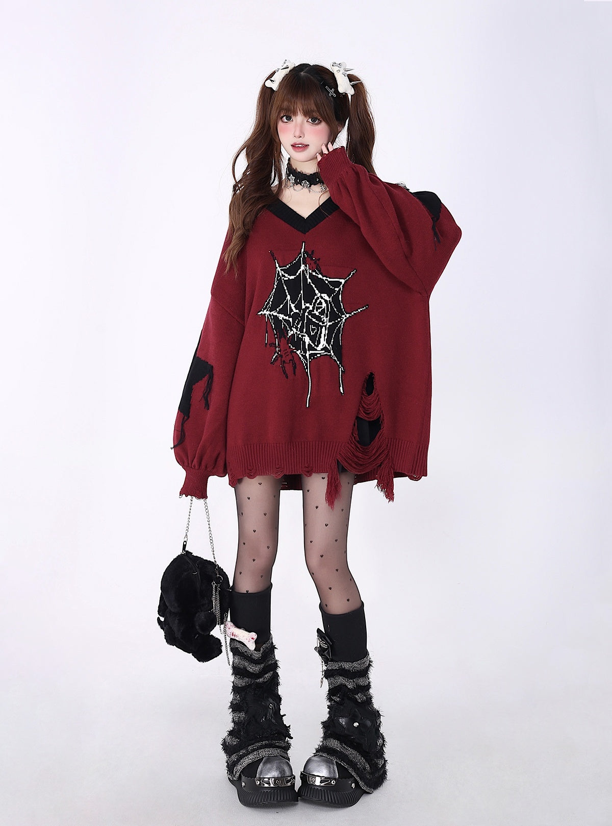 Crazy_Girl_Dark_Star_Knitted_V-neck_Loose_Mid_Length_Women&