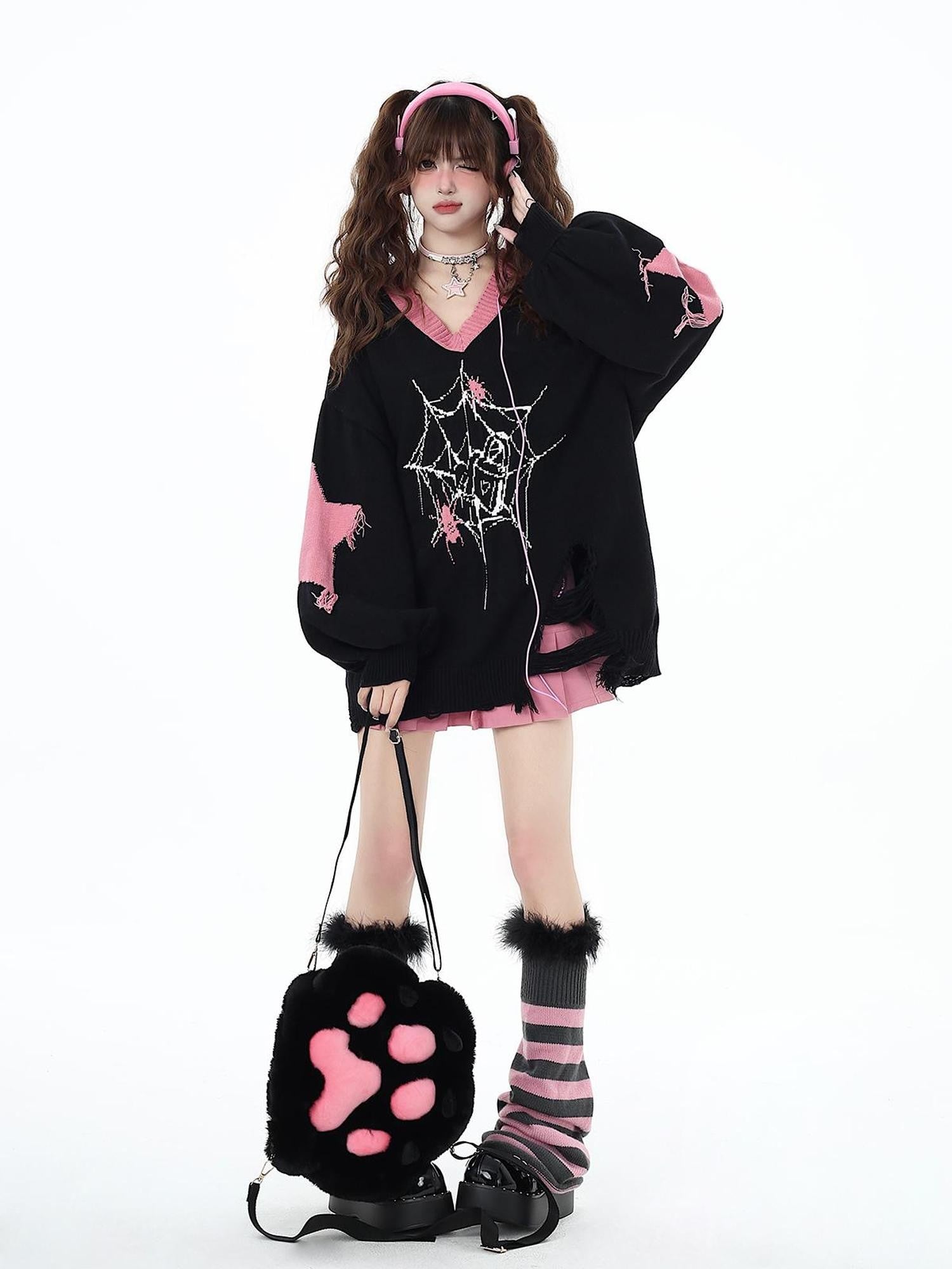 Crazy Girl Dark Star Knitted V-neck Loose Mid Length Women&