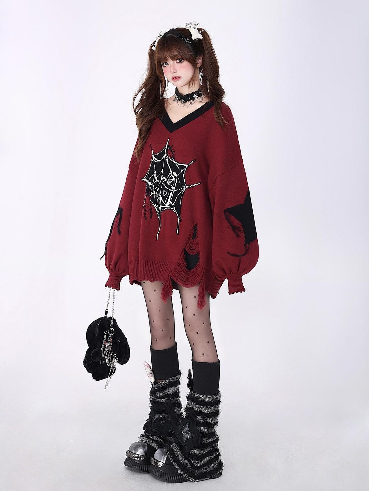 Crazy Girl Dark Star Knitted V-neck Loose Mid Length Women&