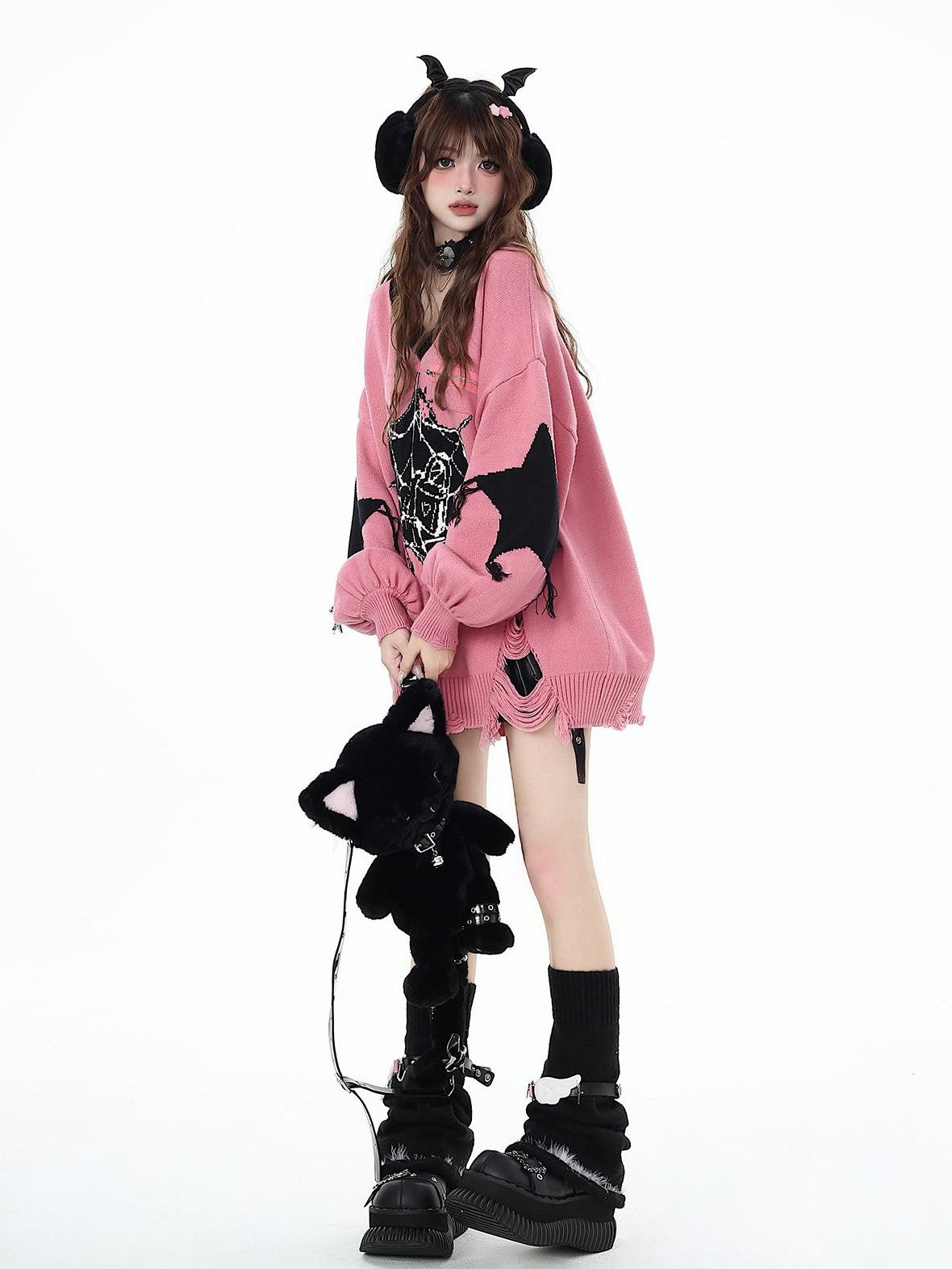 Crazy Girl Dark Star Knitted V-neck Loose Mid Length Women&