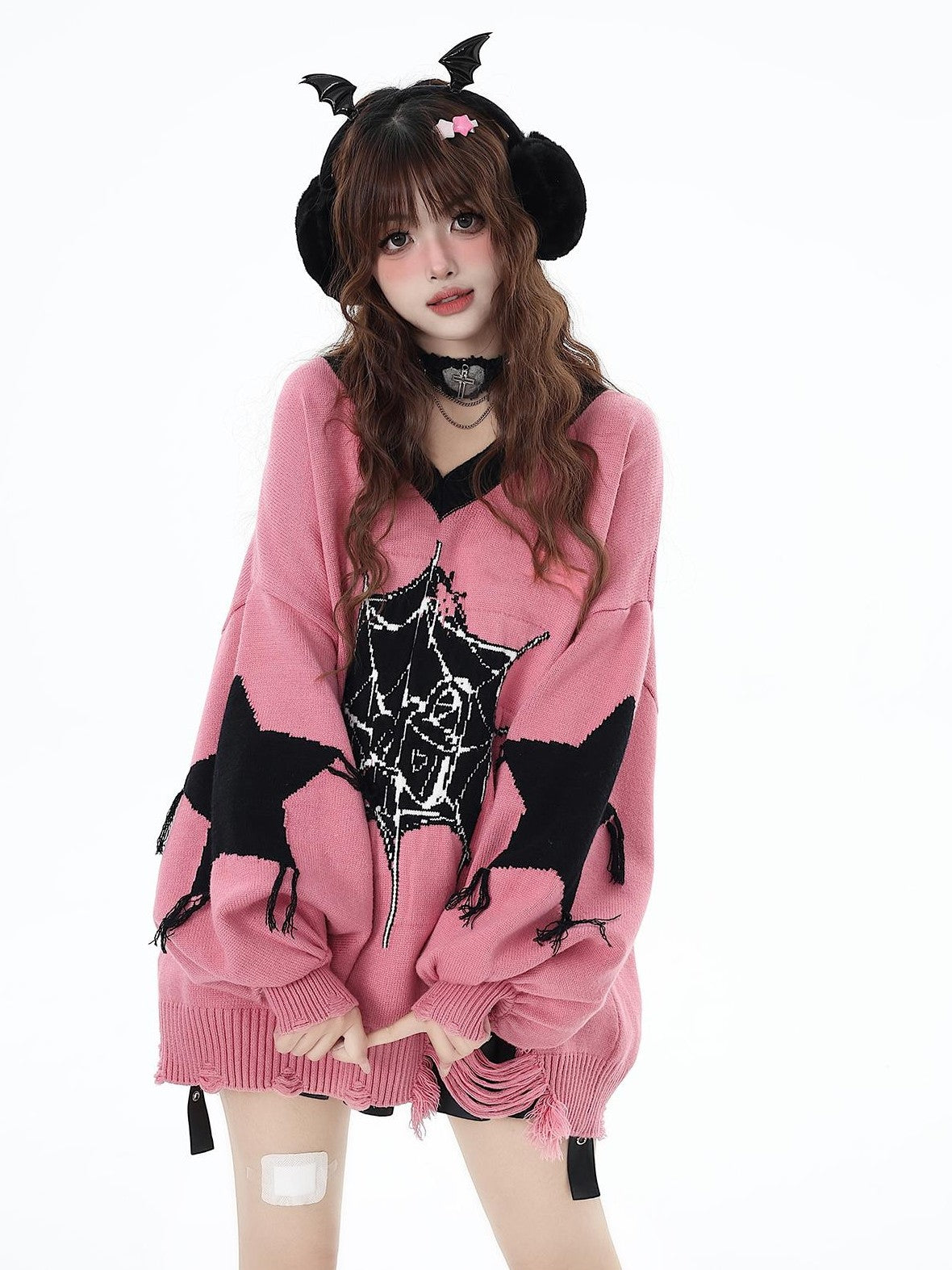 Crazy Girl Dark Star Knitted V-neck Loose Mid Length Women&