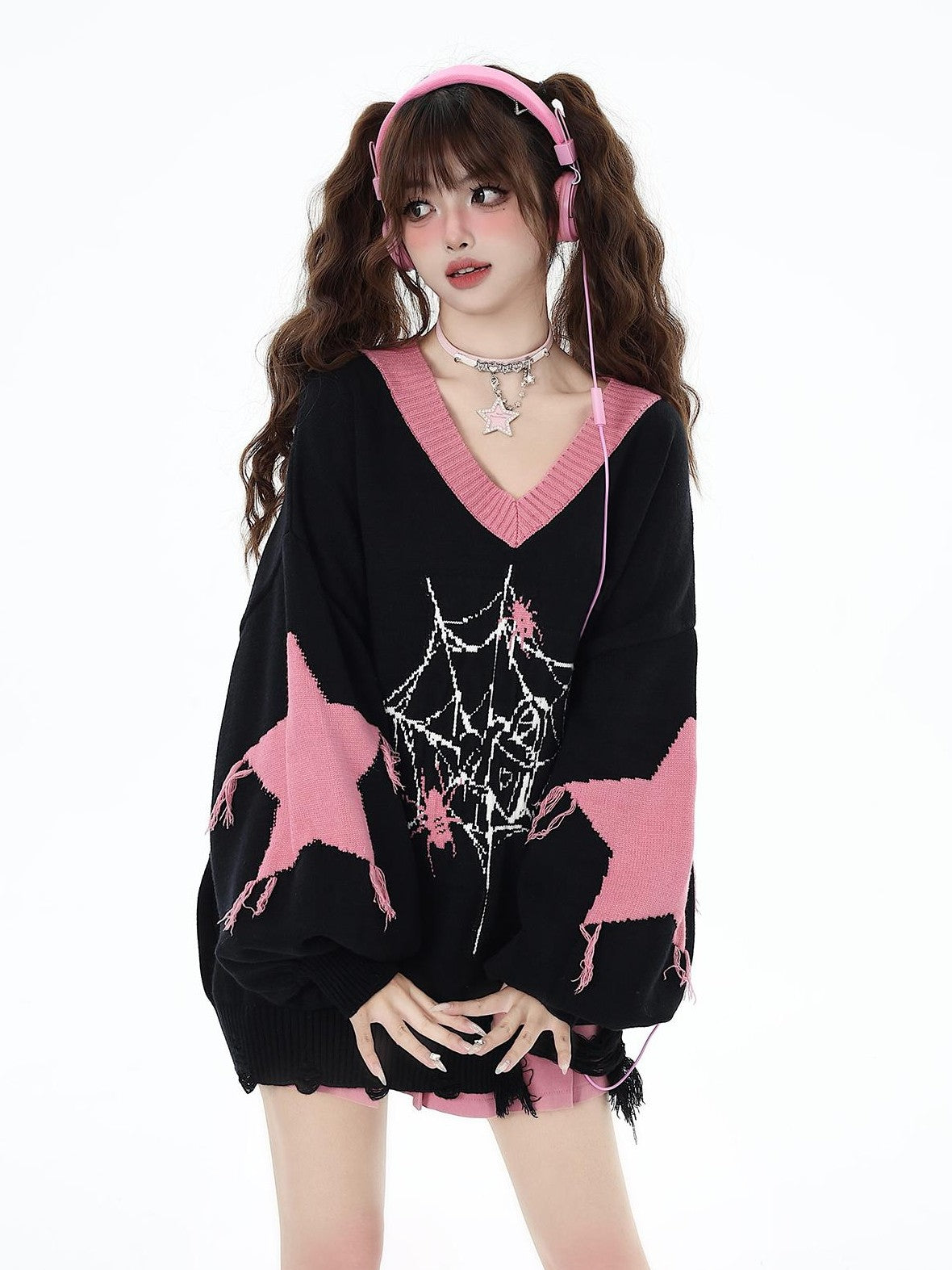 Crazy Girl Dark Star Knitted V-neck Loose Mid Length Women&