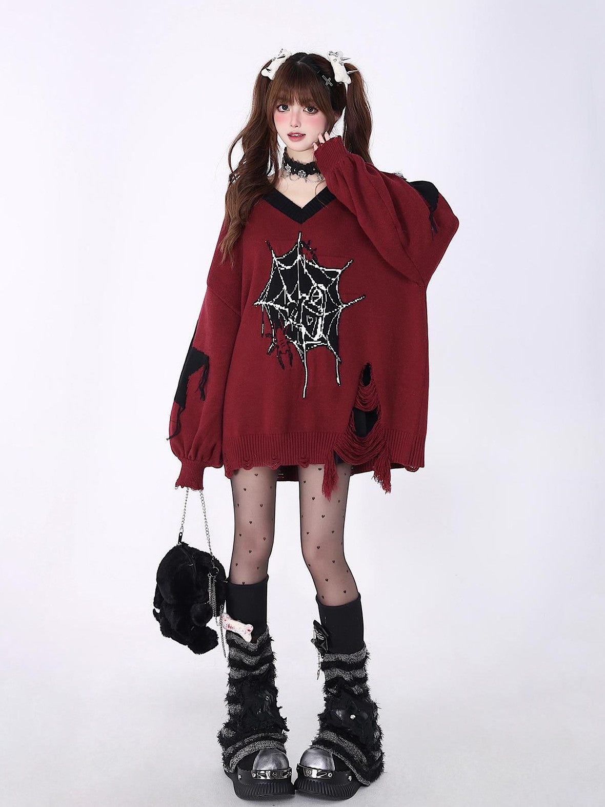 Crazy Girl Dark Star Knitted V-neck Loose Mid Length Women&