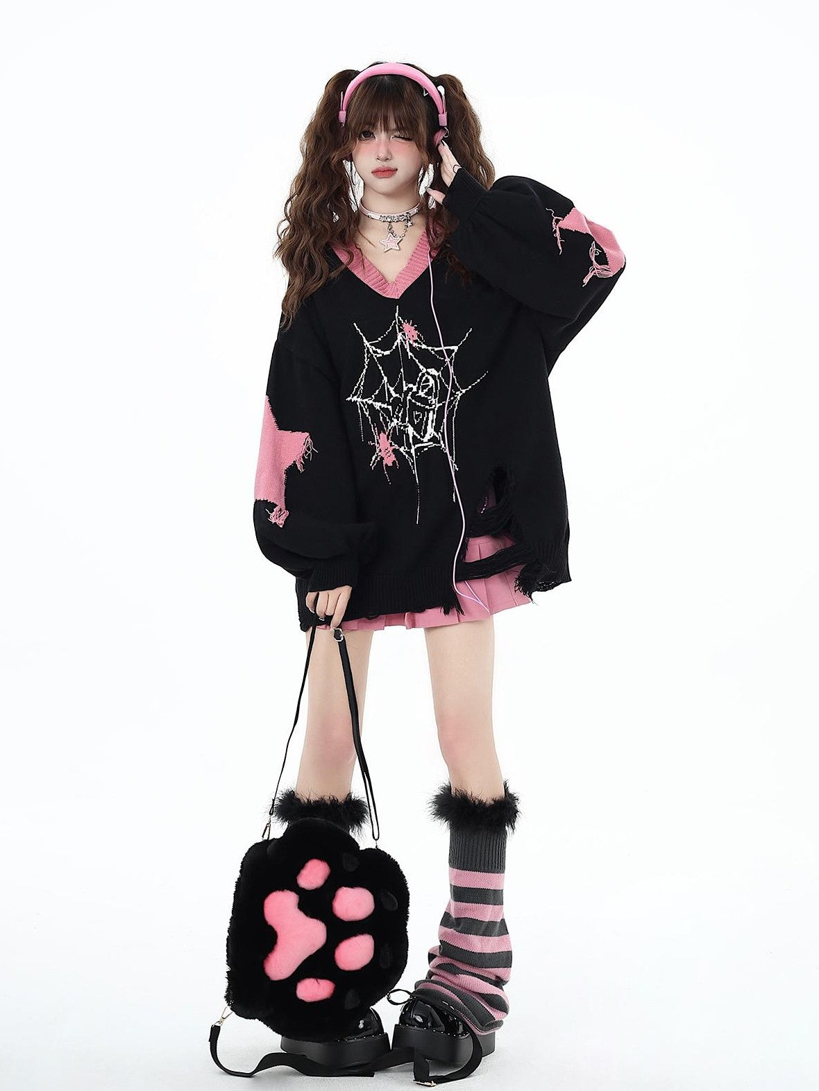 Crazy Girl Dark Star Knitted V-neck Loose Mid Length Women&