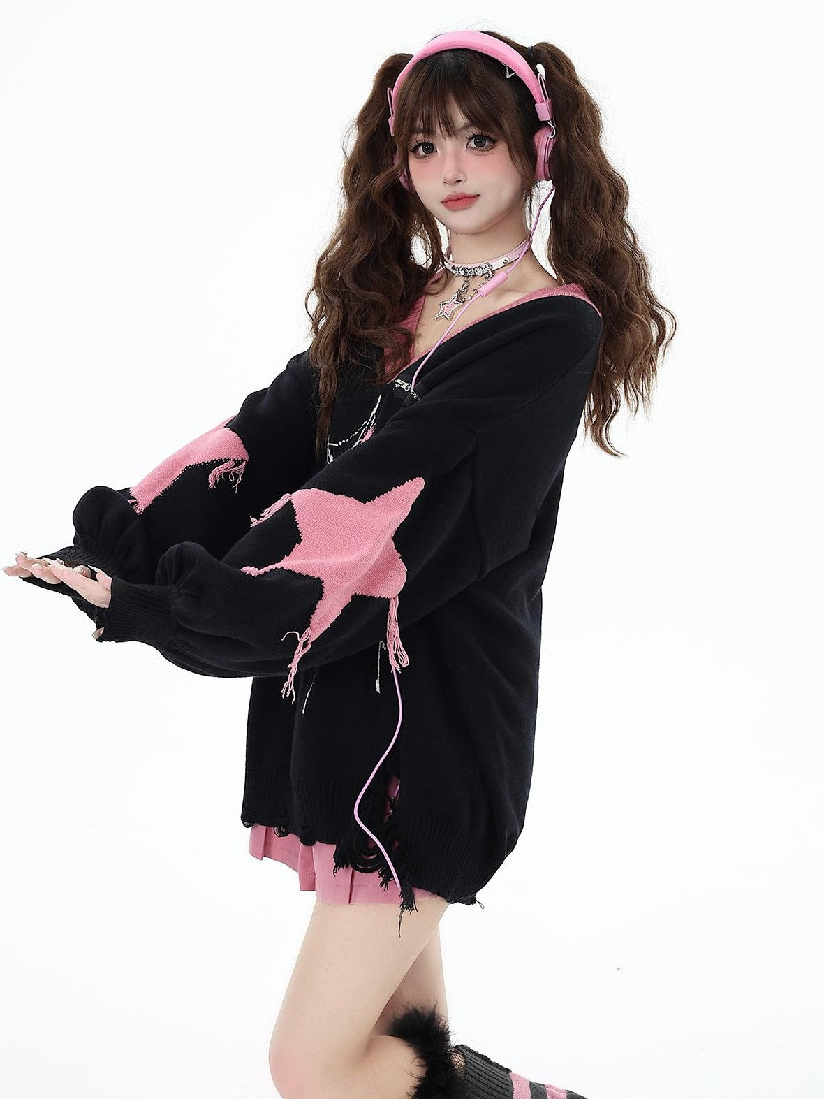 Crazy Girl Dark Star Knitted V-neck Loose Mid Length Women&