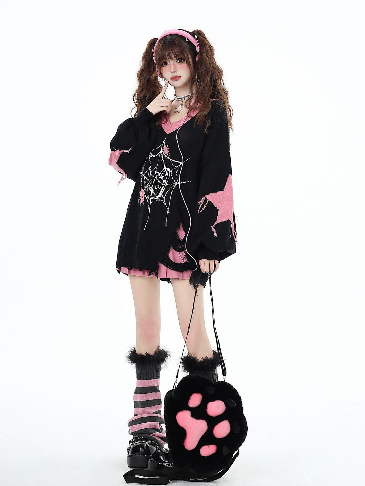 Crazy Girl Dark Star Knitted V-neck Loose Mid Length Women&