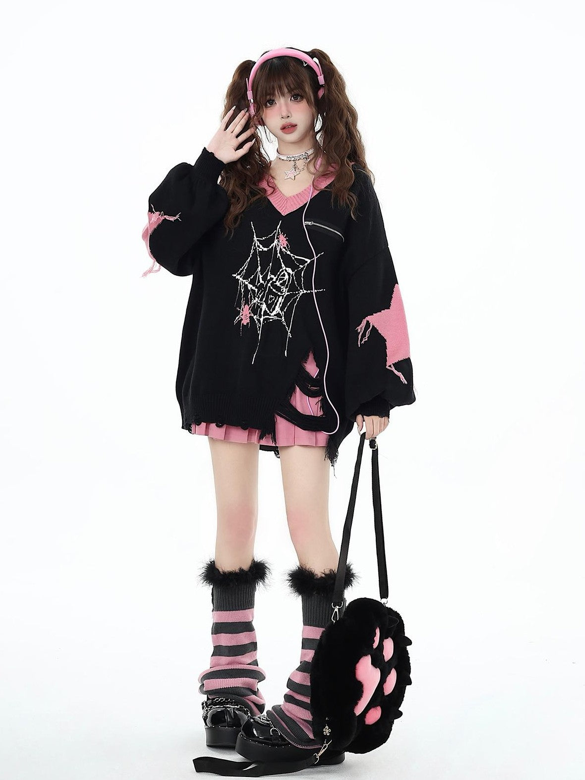 Crazy Girl Dark Star Knitted V-neck Loose Mid Length Women&