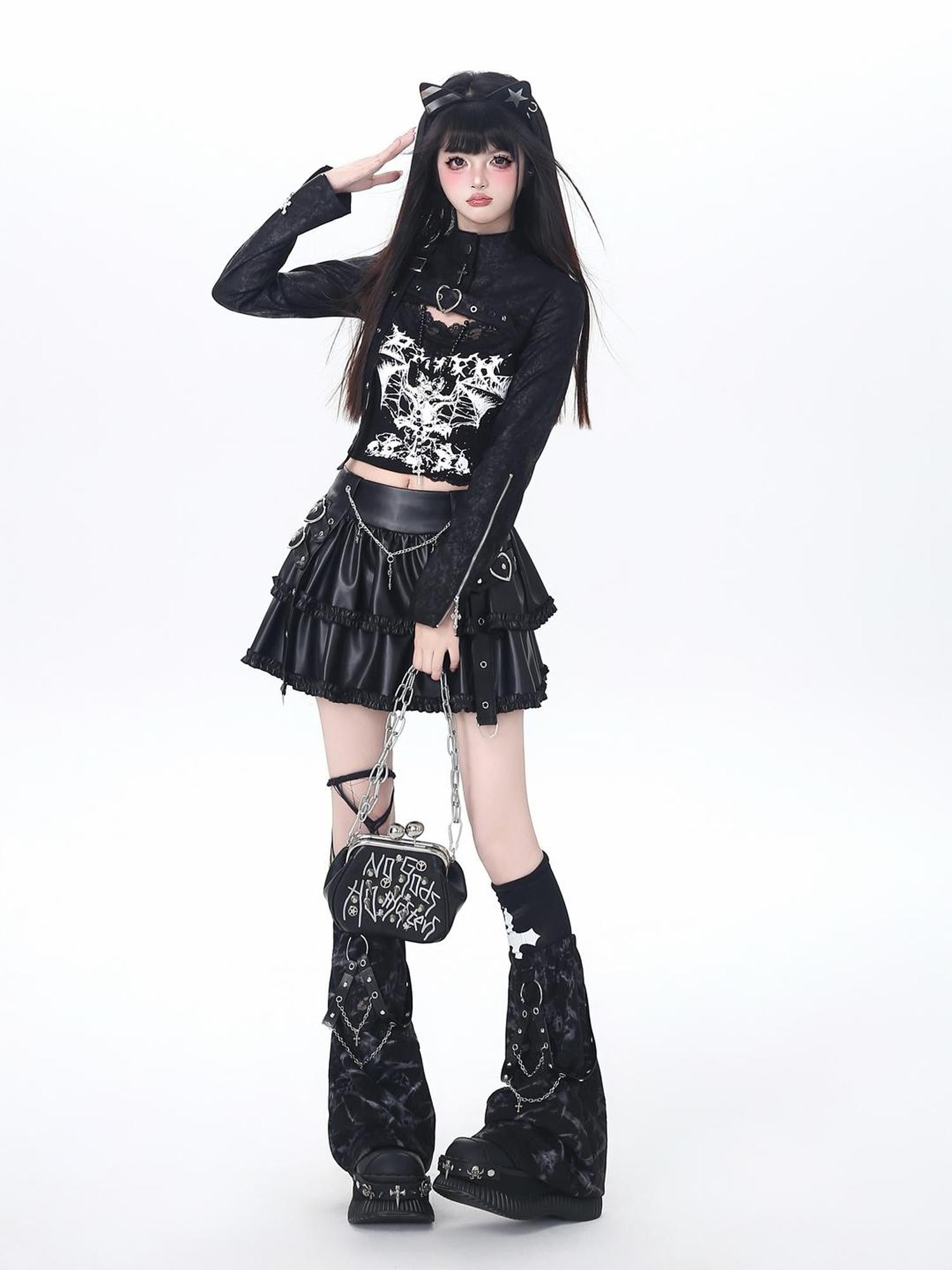 Crazy Girl Dark Utilitarian Hooded Button Cropped Slim Fit Y2k Women&