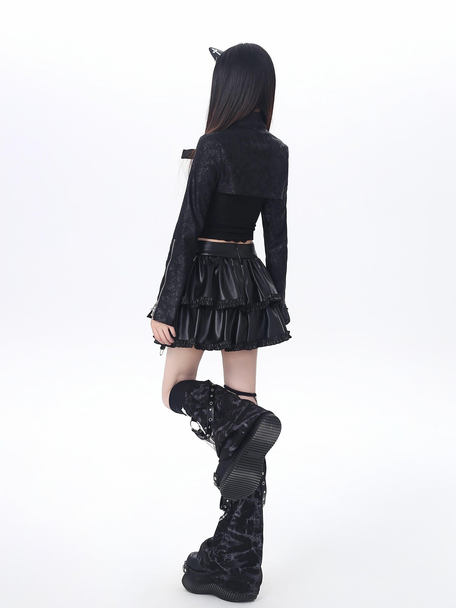 Crazy Girl Dark Utilitarian Hooded Button Cropped Slim Fit Y2k Women&
