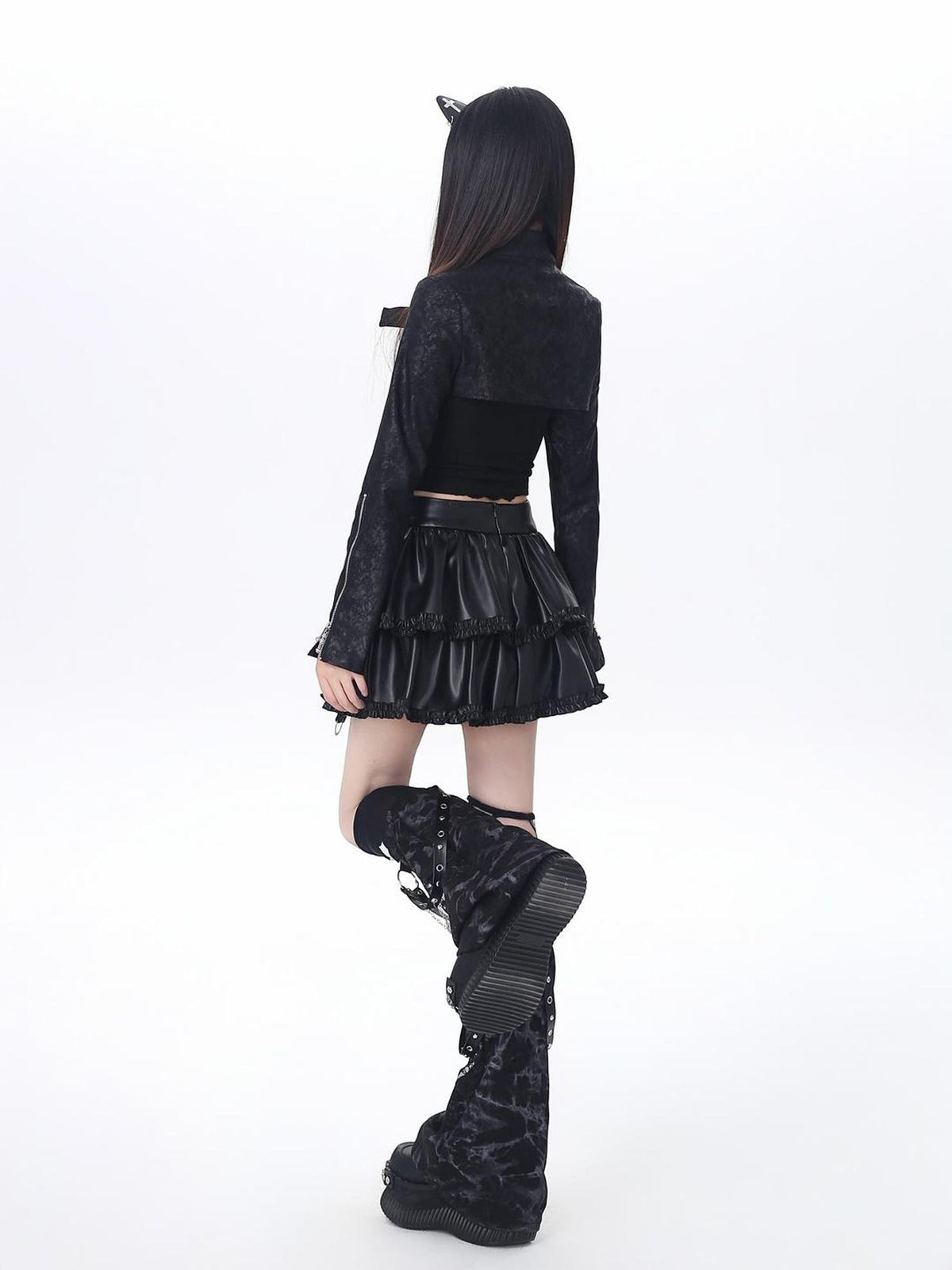 Crazy Girl Dark Utilitarian Hooded Button Cropped Slim Fit Y2k Women&