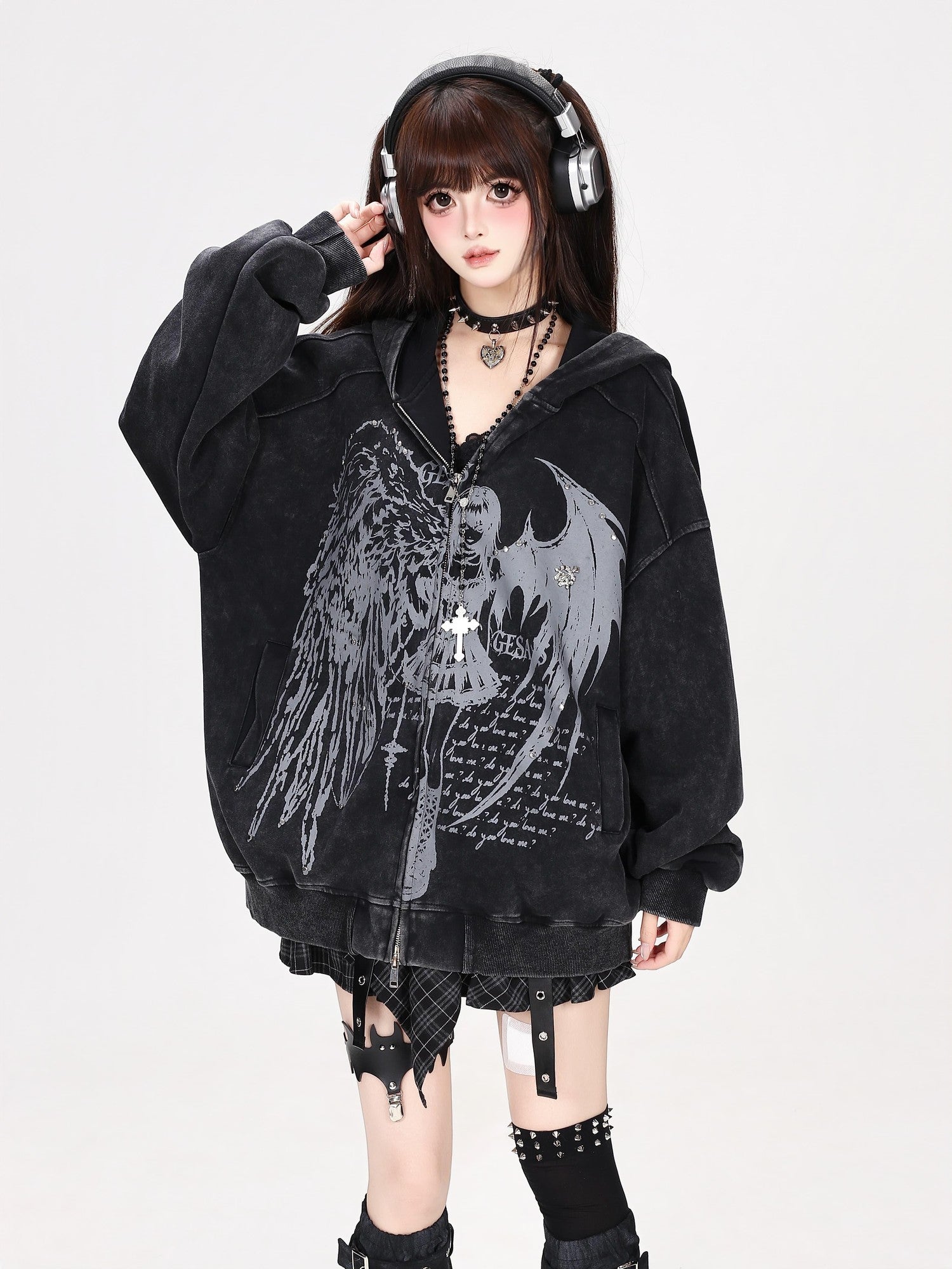 Crazy Girl Devil Angel Stripe Vintage Washed Distressed Street Women&