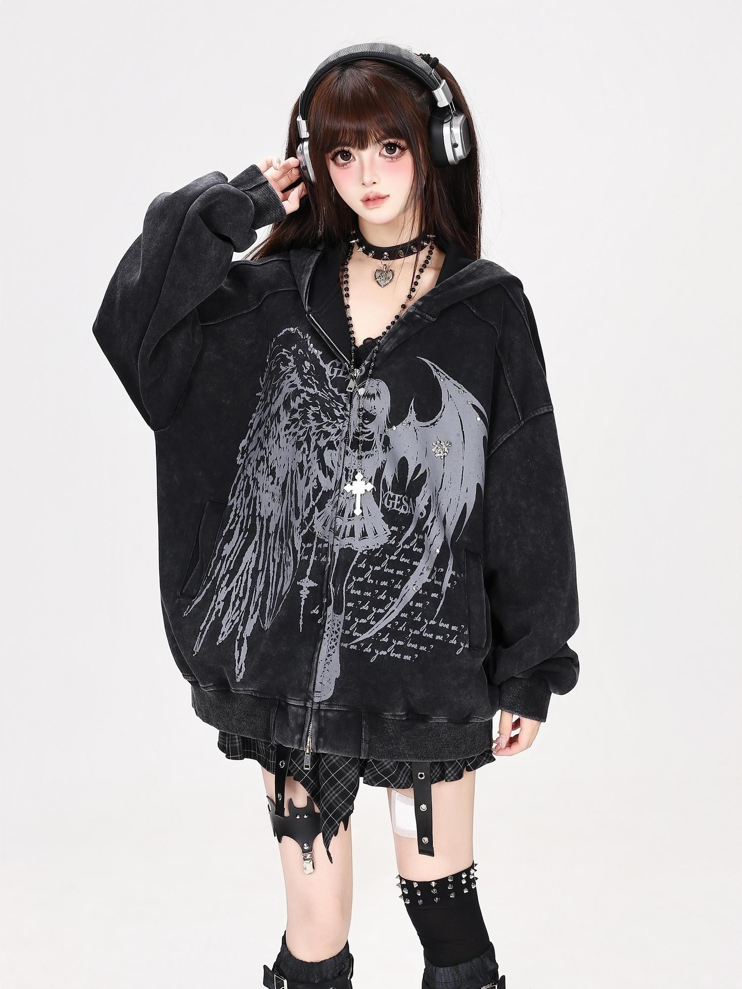 Crazy Girl Devil Angel Stripe Vintage Washed Distressed Street Women&