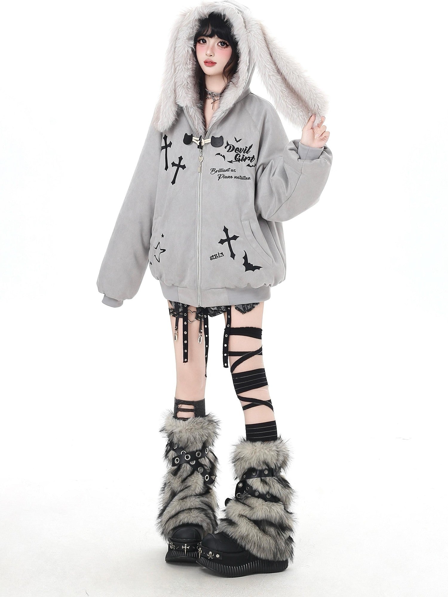 Crazy Girl Devil Rabbit Hooded Plush Suede Women&