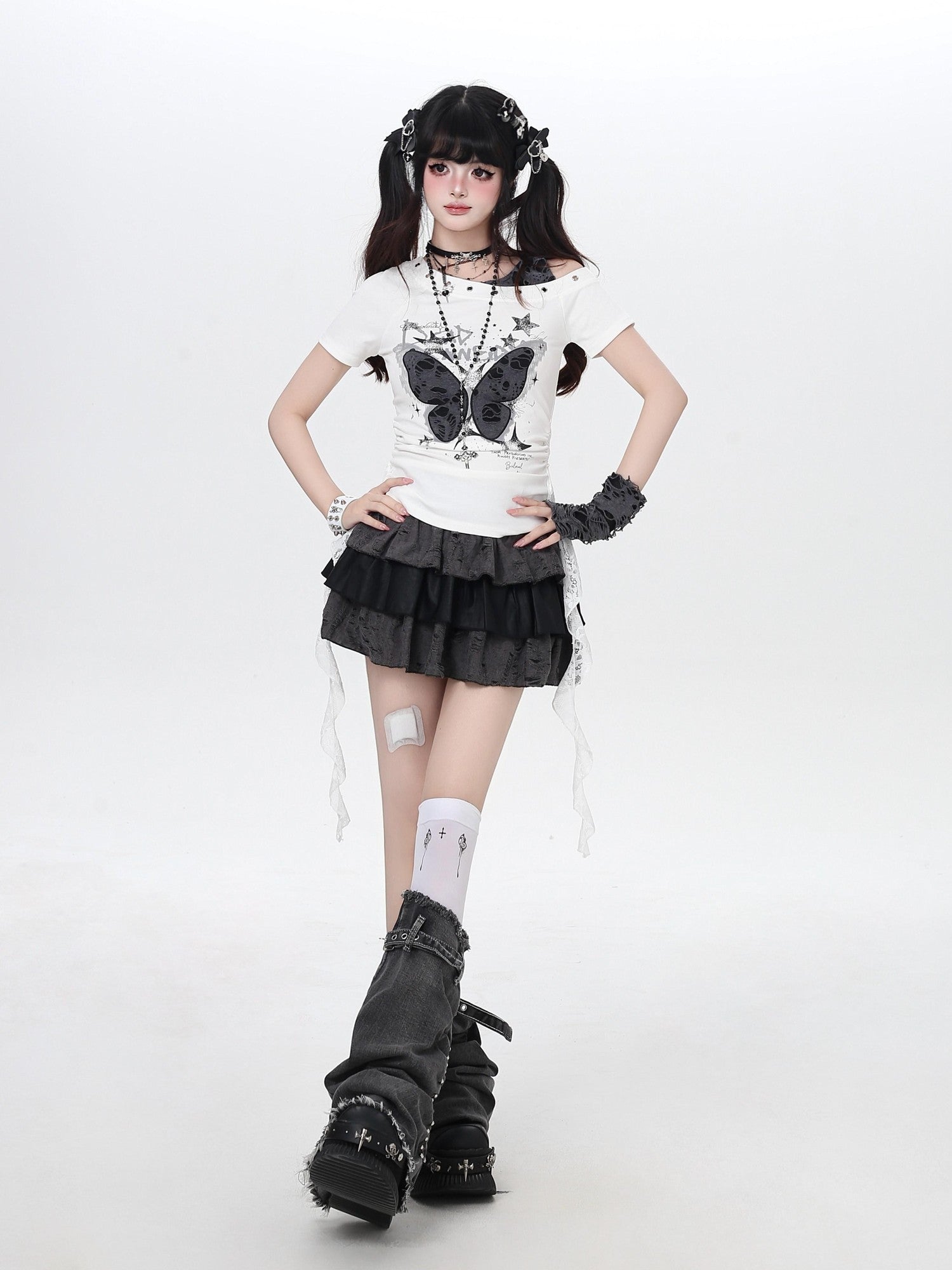 Crazy Girl Distressed Butterfly Patchwork Faux Layered Fitted Women&