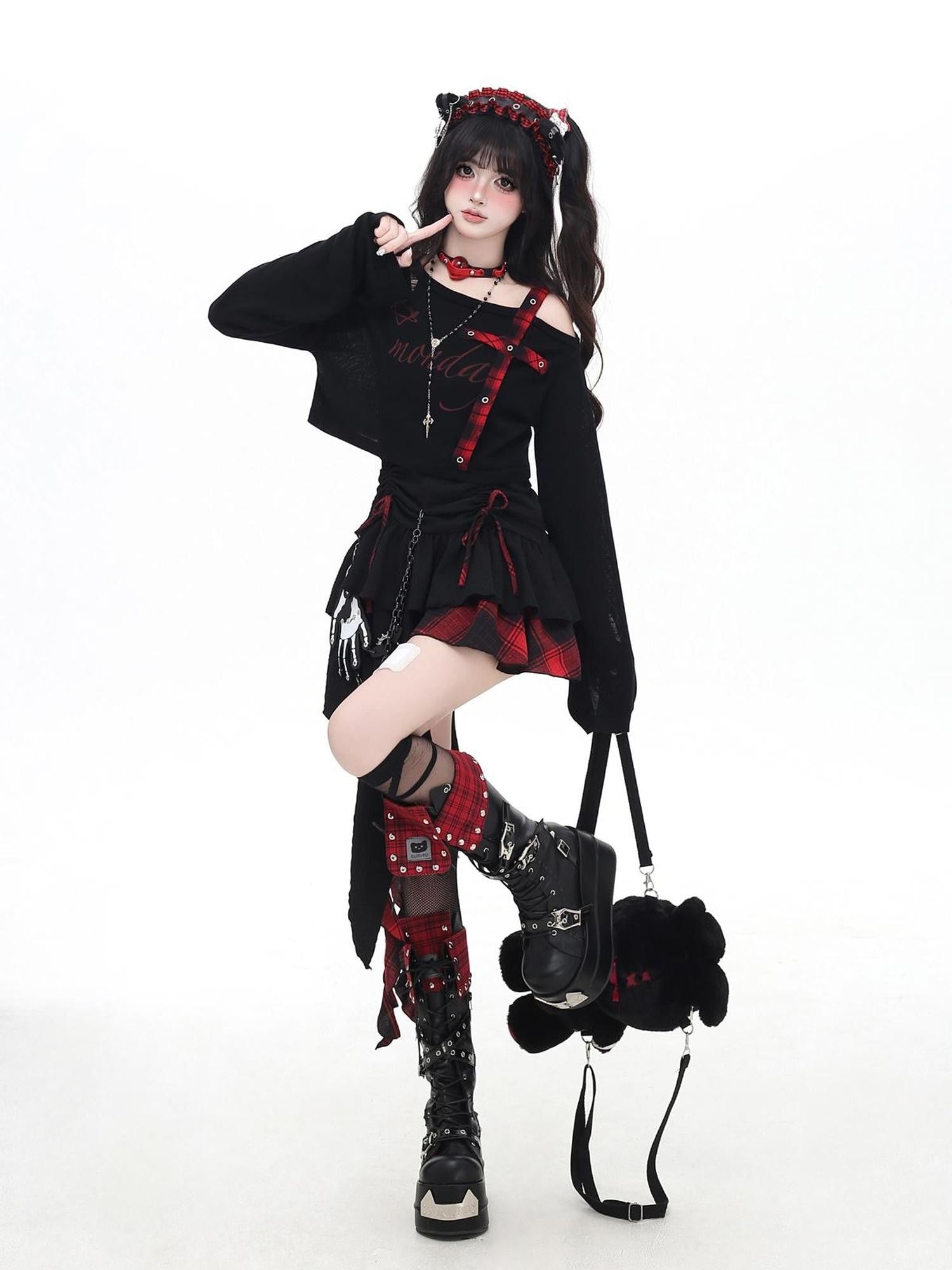 Crazy Girl Distressed Checkered Strap Slanted Neck Women&